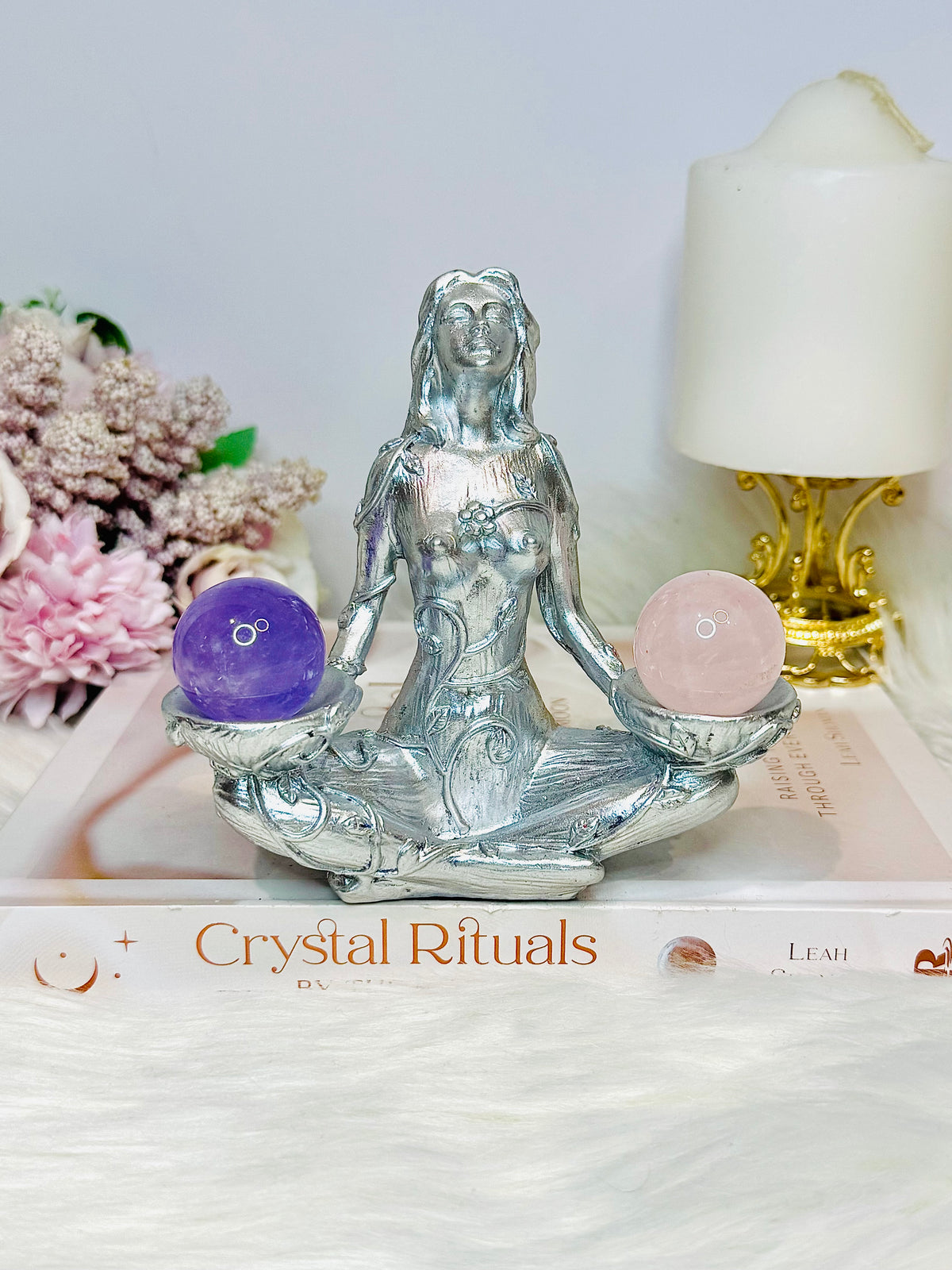 Silver Sacred Goddess with Amethyst & Rose Quartz Spheres 12cm