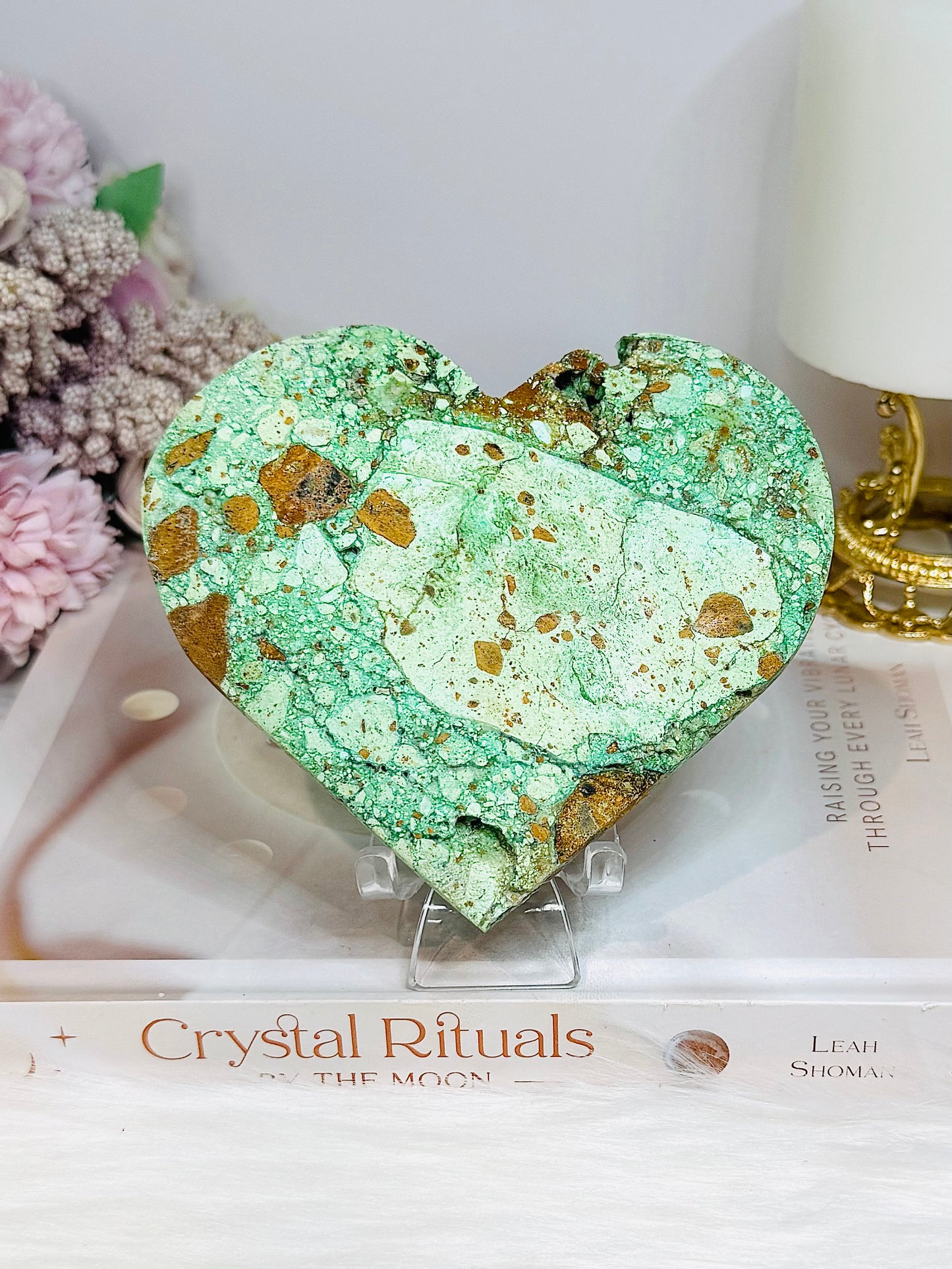 Large Natural Variscite Carved Heart on Stand 12cm