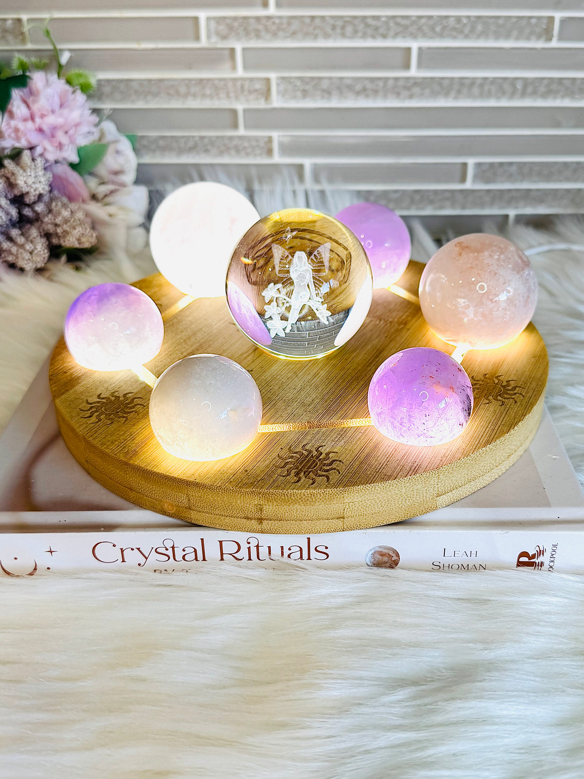 Feminine Energy ~ Large Light Stand 20cm with Glass Fairy Sphere, 3 Amethyst Spheres, Rose Quartz Sphere & 2 Pink Amethyst Spheres