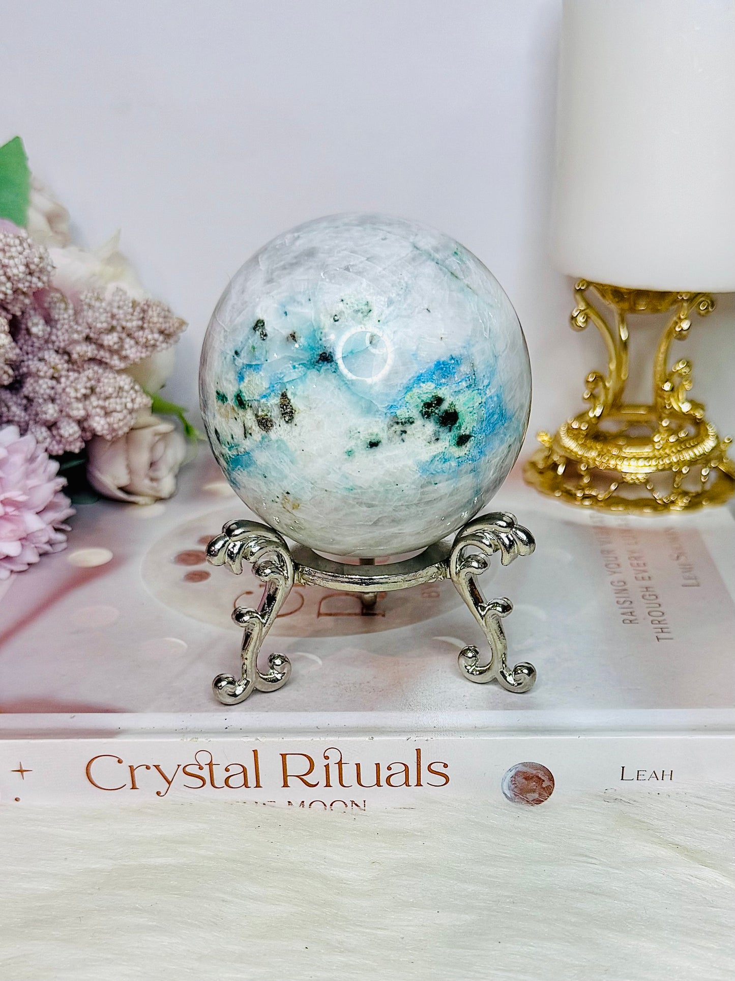 Large Phoenix Stone (Malachite, Chrysocolla, Turquoise) Sphere on Stand 460g