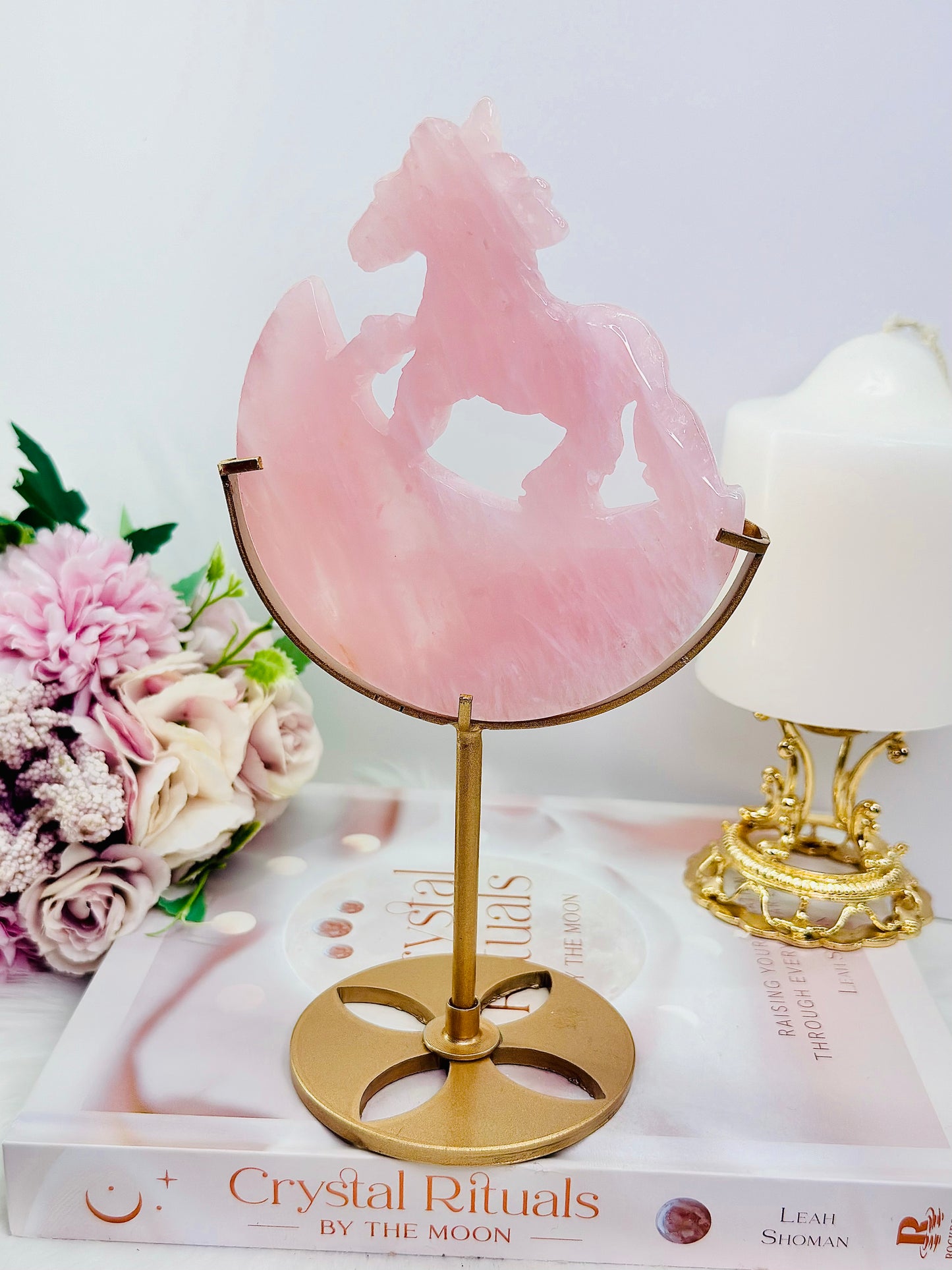 Gorgeous Rose Quartz Carved Rocking Horse On Gold Stand Tall 21cm