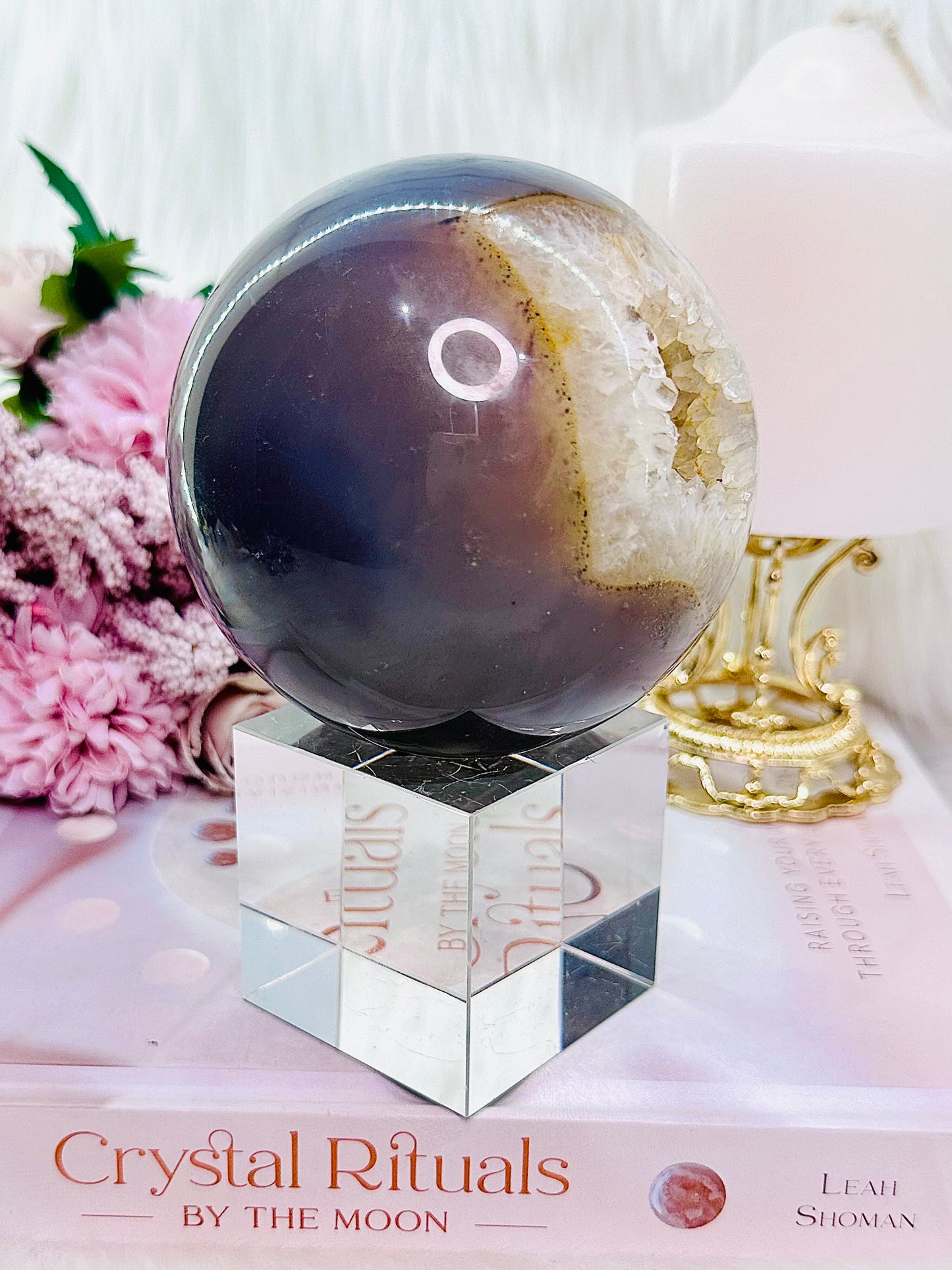 Magical & Incredible Large 821gram Perfect Druzy Agate Sphere On Stand From Brazil (Glass stand in pic is display only)