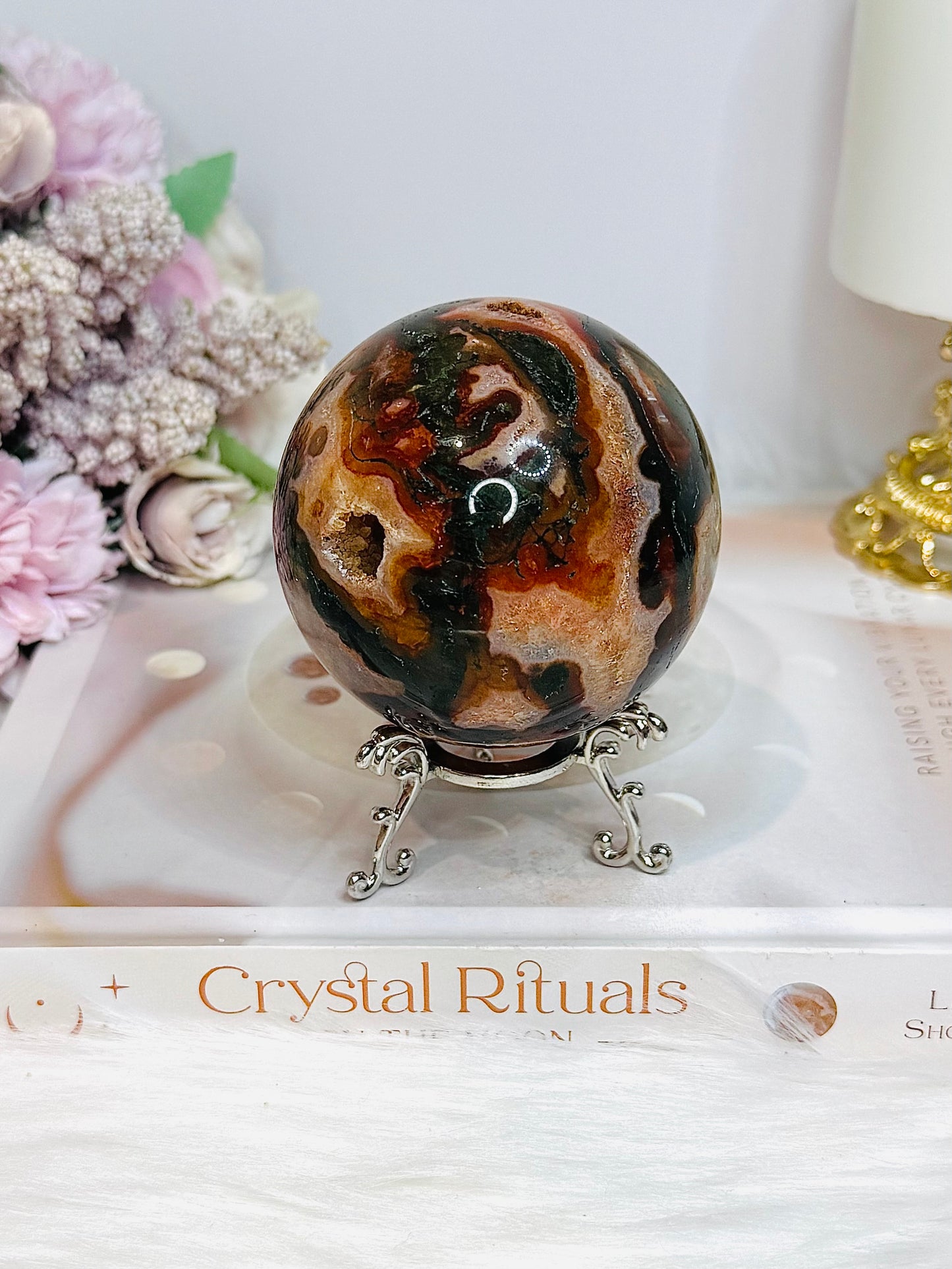 Large Red Moss Agate Druzy Sphere on Stand 452g