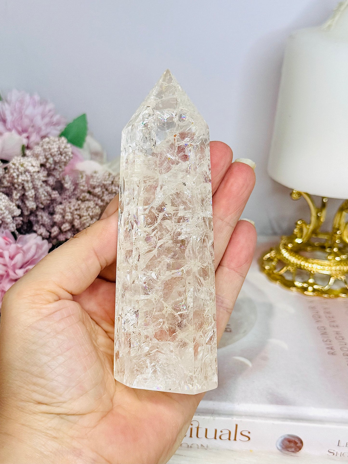 Clear Quartz Crackle Tower 12.5cm With Rainbows
