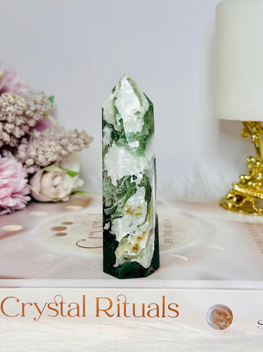 Moss Agate In Quartz Tower 9.5cm