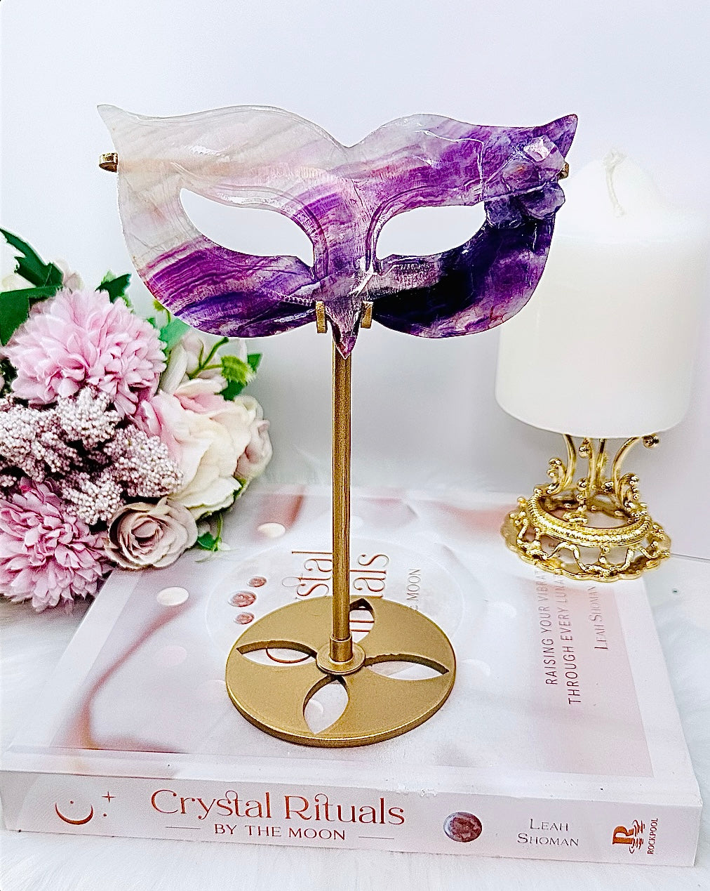 Classy & Absolutely Fabulous Large Purple Fluorite Carved Mask On Gold Stand 19cm Tall