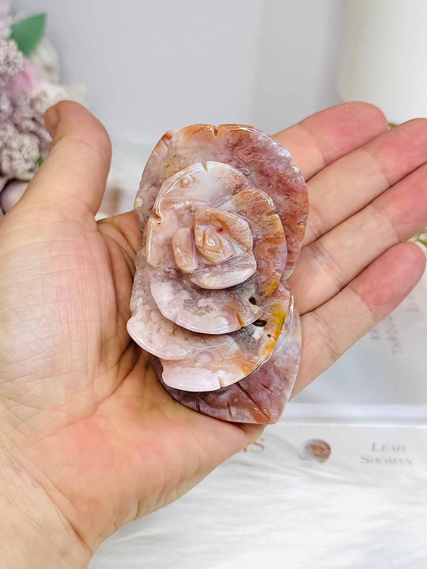 High Grade Flower Agate Carved Rose on Stand 8.5cm