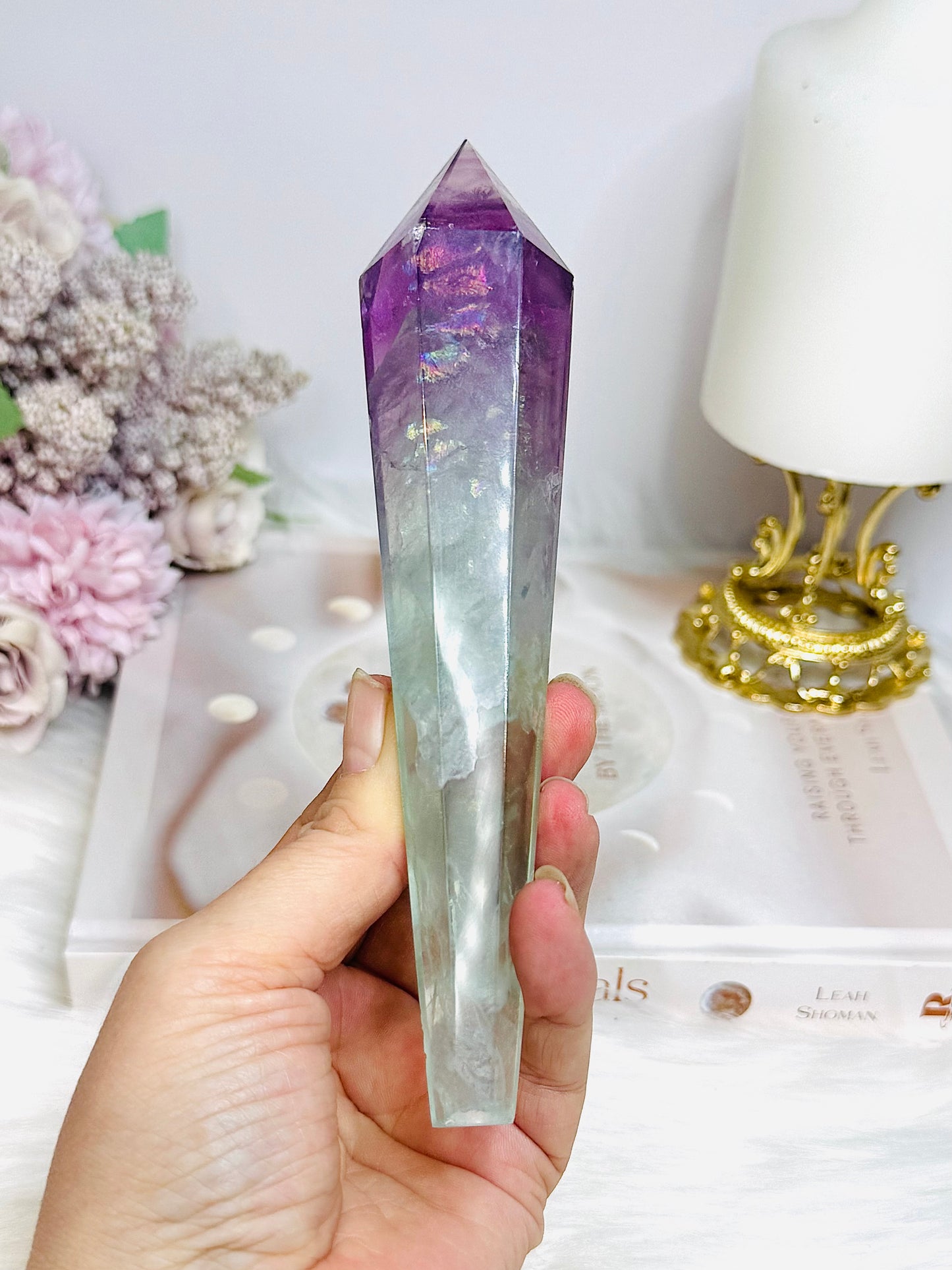 Watermelon Fluorite Tower | Wand with Rainbows 15.5cm