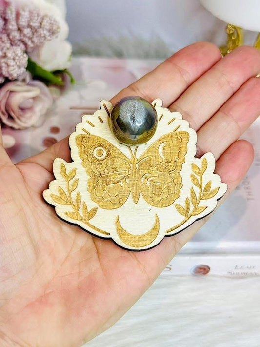 Angel Aura Druzy Sphere on Timber Moth Stand