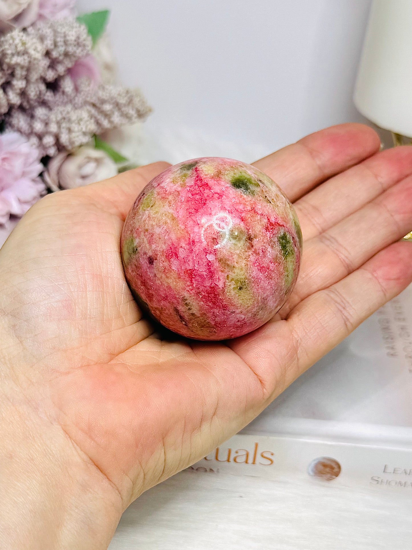 Thulite Sphere with Epidote 202g On Stand