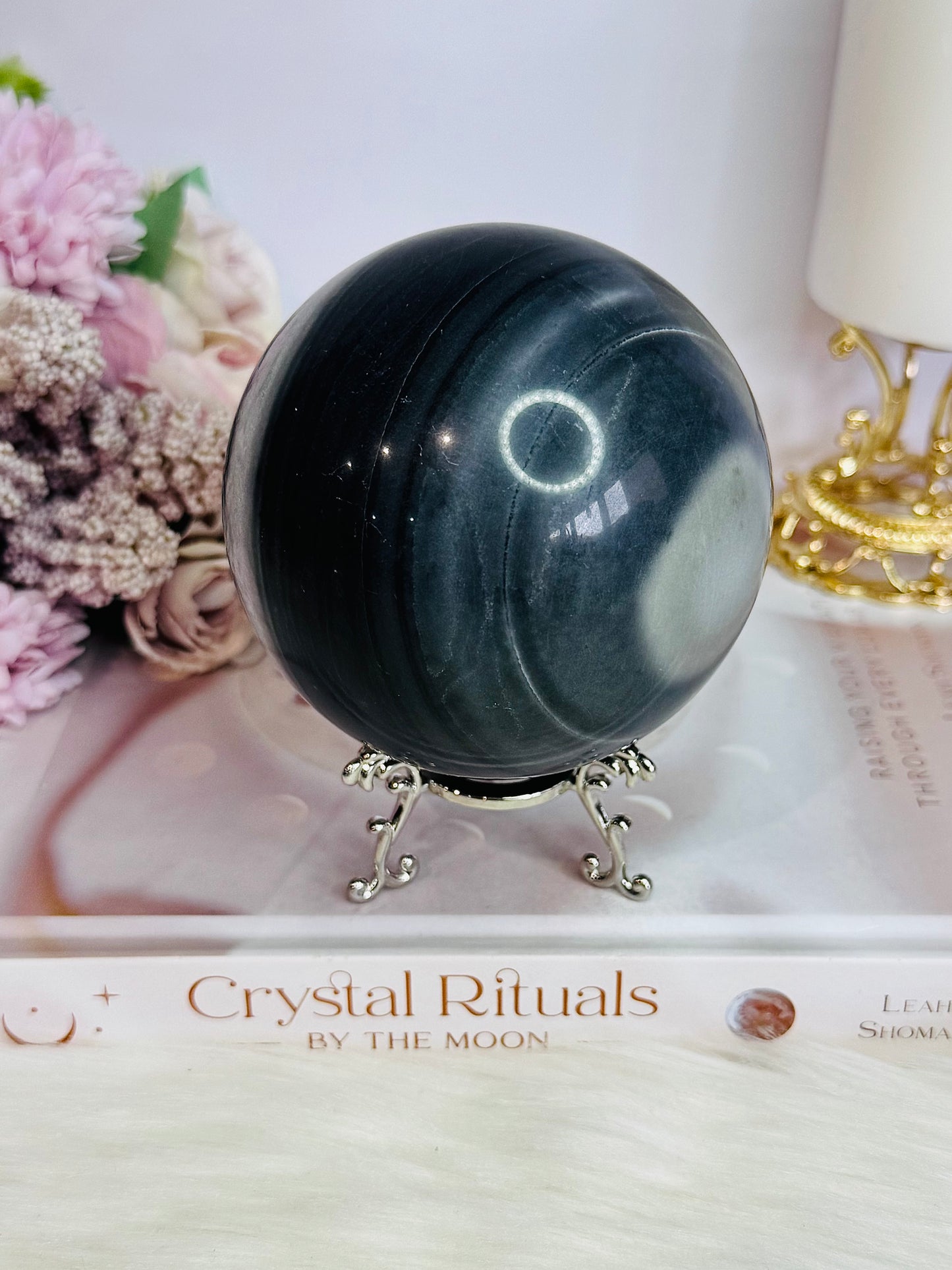 Natural Large Tai Chi Stone (White Quartz & Black Jasper) Sphere On Stand 895grams