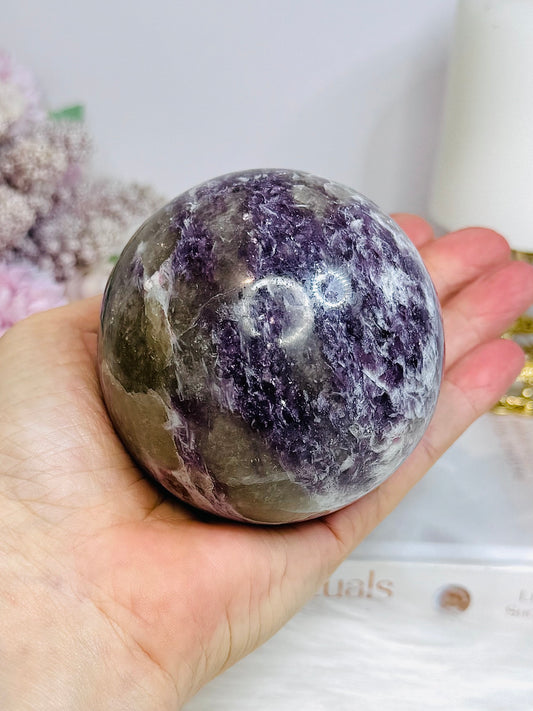 Large Pegmatite | Unicorn Stone (Lepidolite, Pink Tourmaline, Smoky Quartz & Cleavelandite) Sphere on Stand 600g