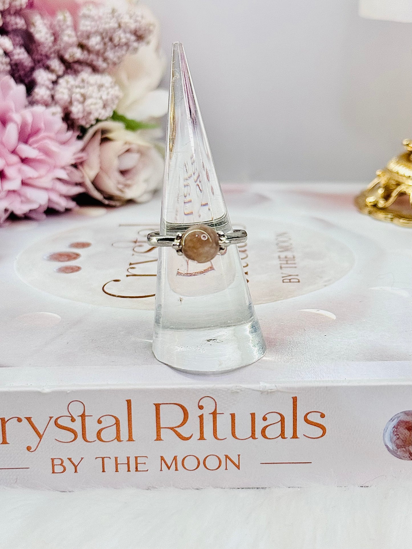 Peach Moonstone Adjustable Ring In Gift Bag