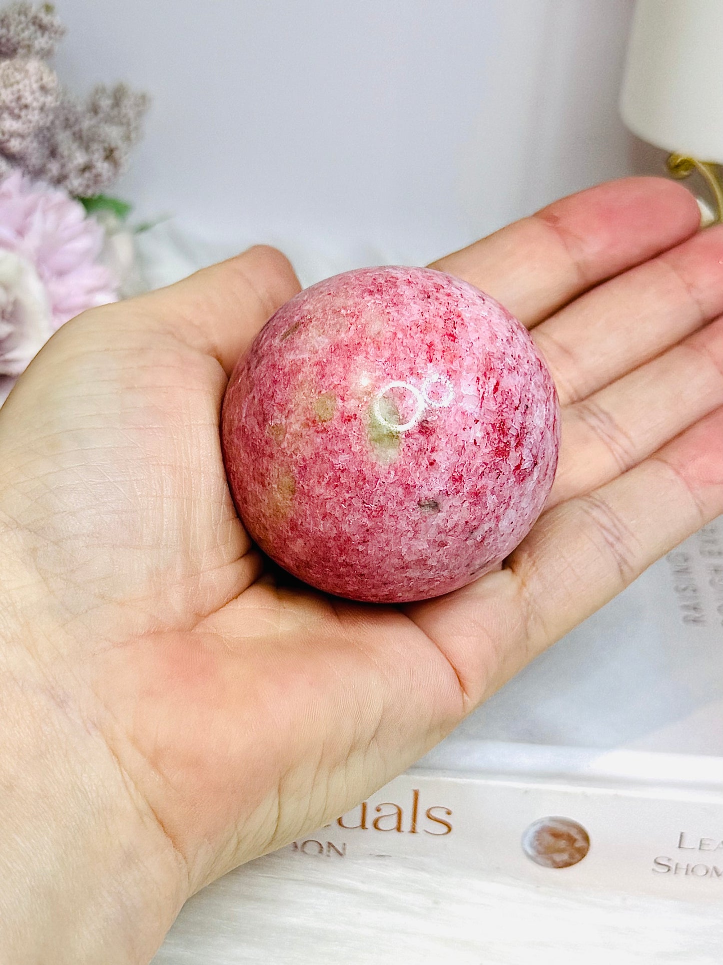Thulite Sphere with Epidote 207g On Stand