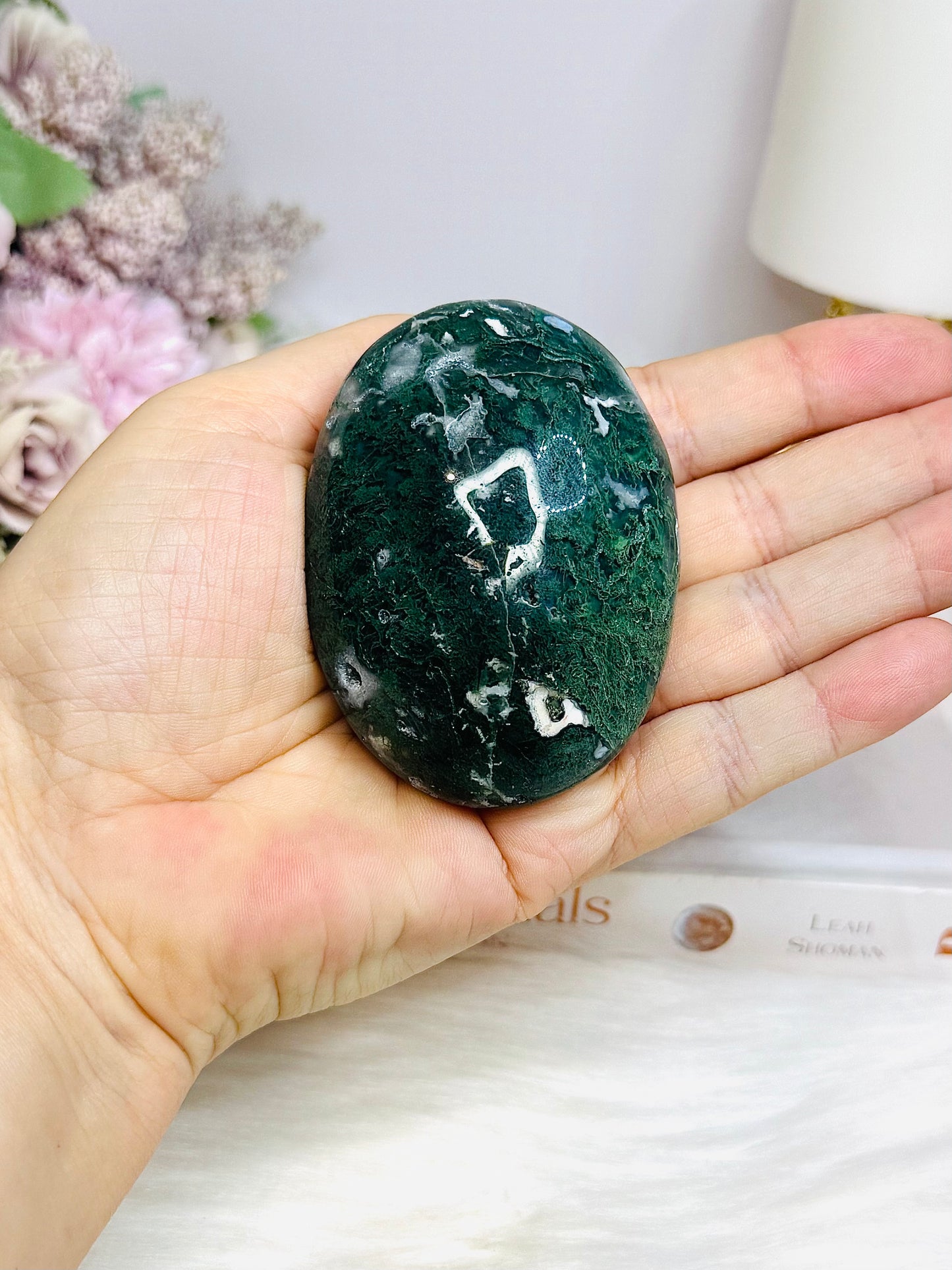Large Moss Agate Palm Stone (stand is display only)