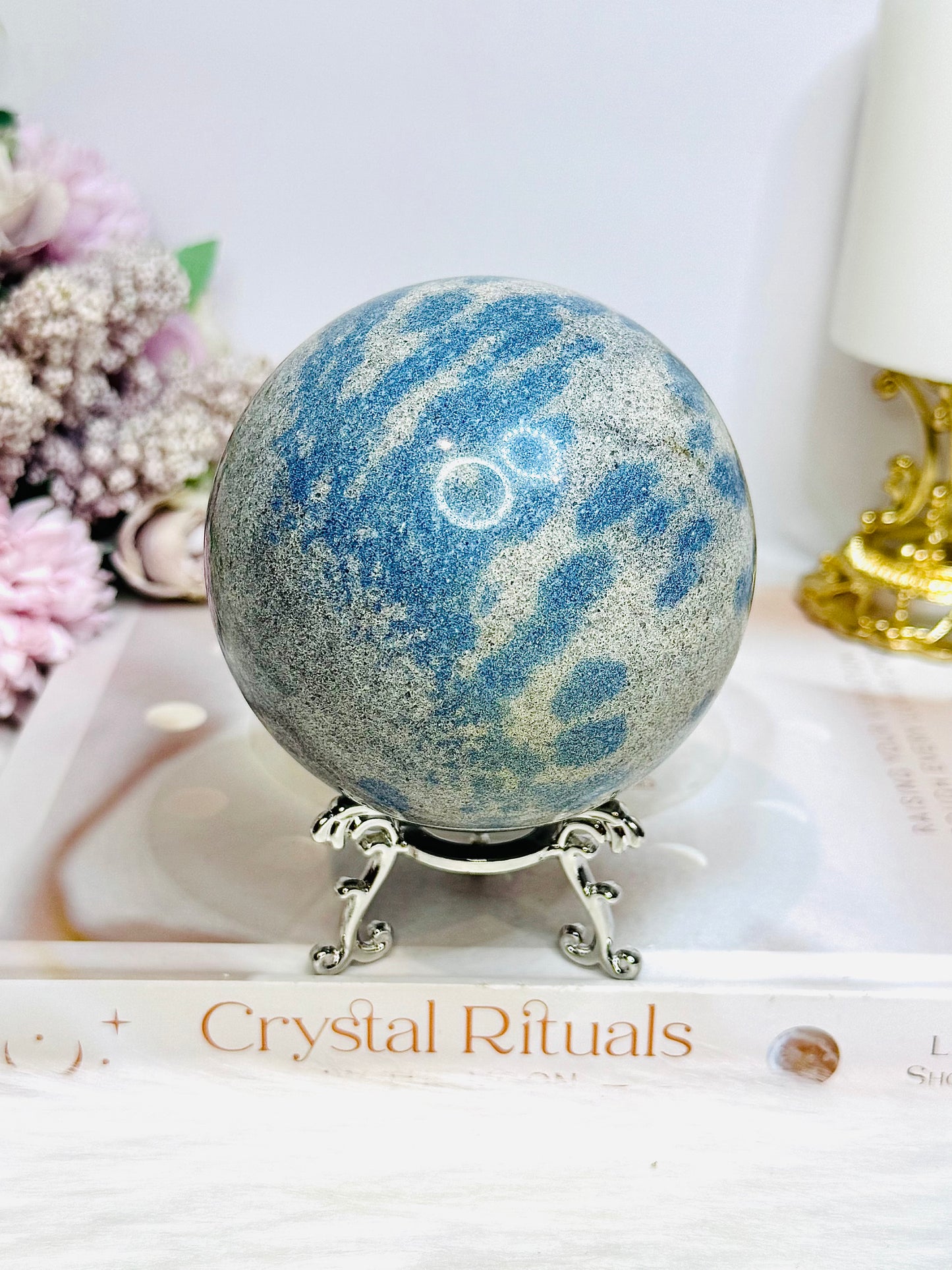 Large K2 Granite with Azurite Sphere On Stand 770g