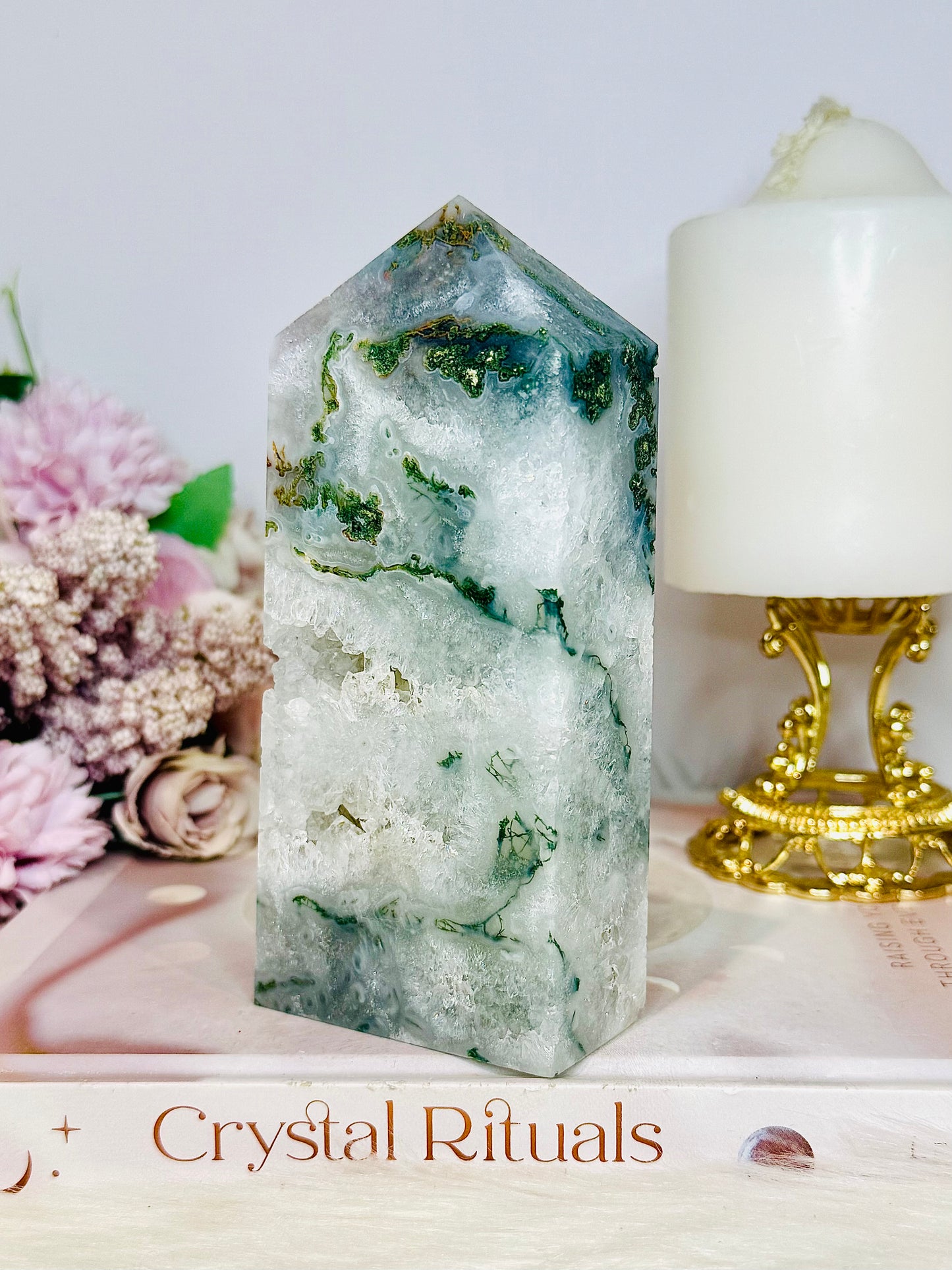 Druzy Moss Agate Thick Chunky Tower 481g