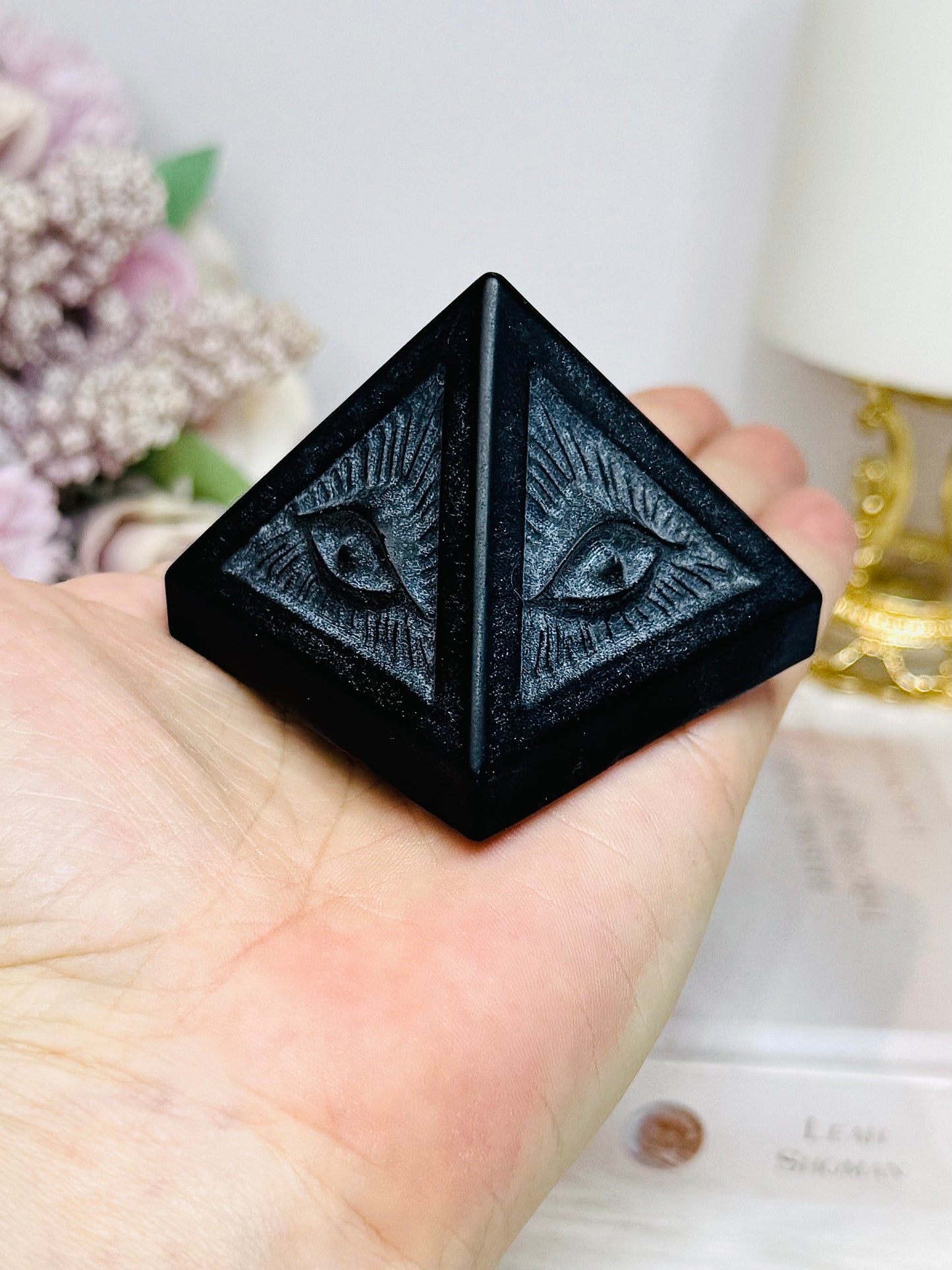 Black Tourmaline Evil Eye Carved Pyramid 5cm