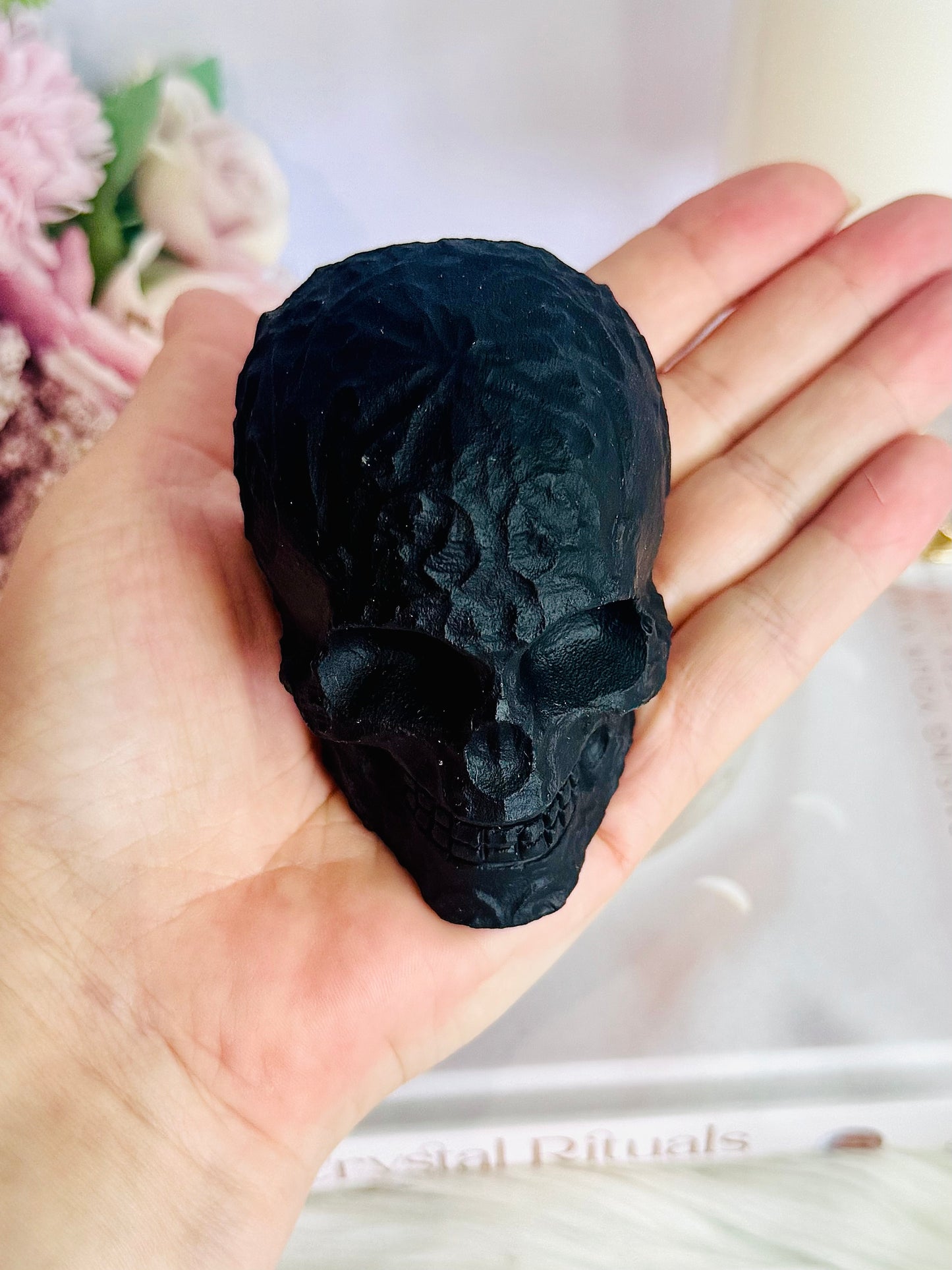 Beautifully Carved Black Tourmaline Skull with a Matt Finish 9cm