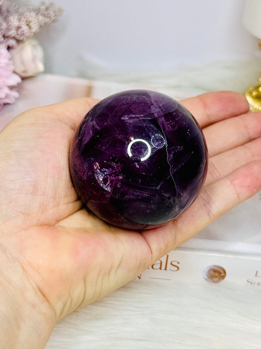 Large High Grade Purple Fluorite Sphere with Rainbows 336g