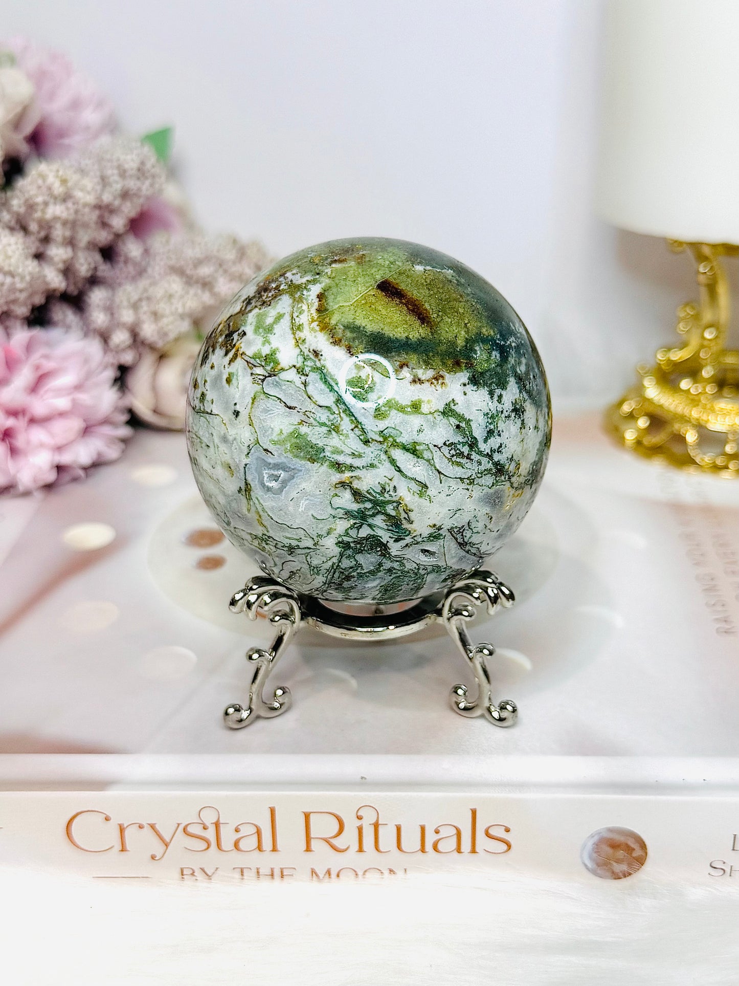 Druzy Moss Agate Sphere on Stand 428g