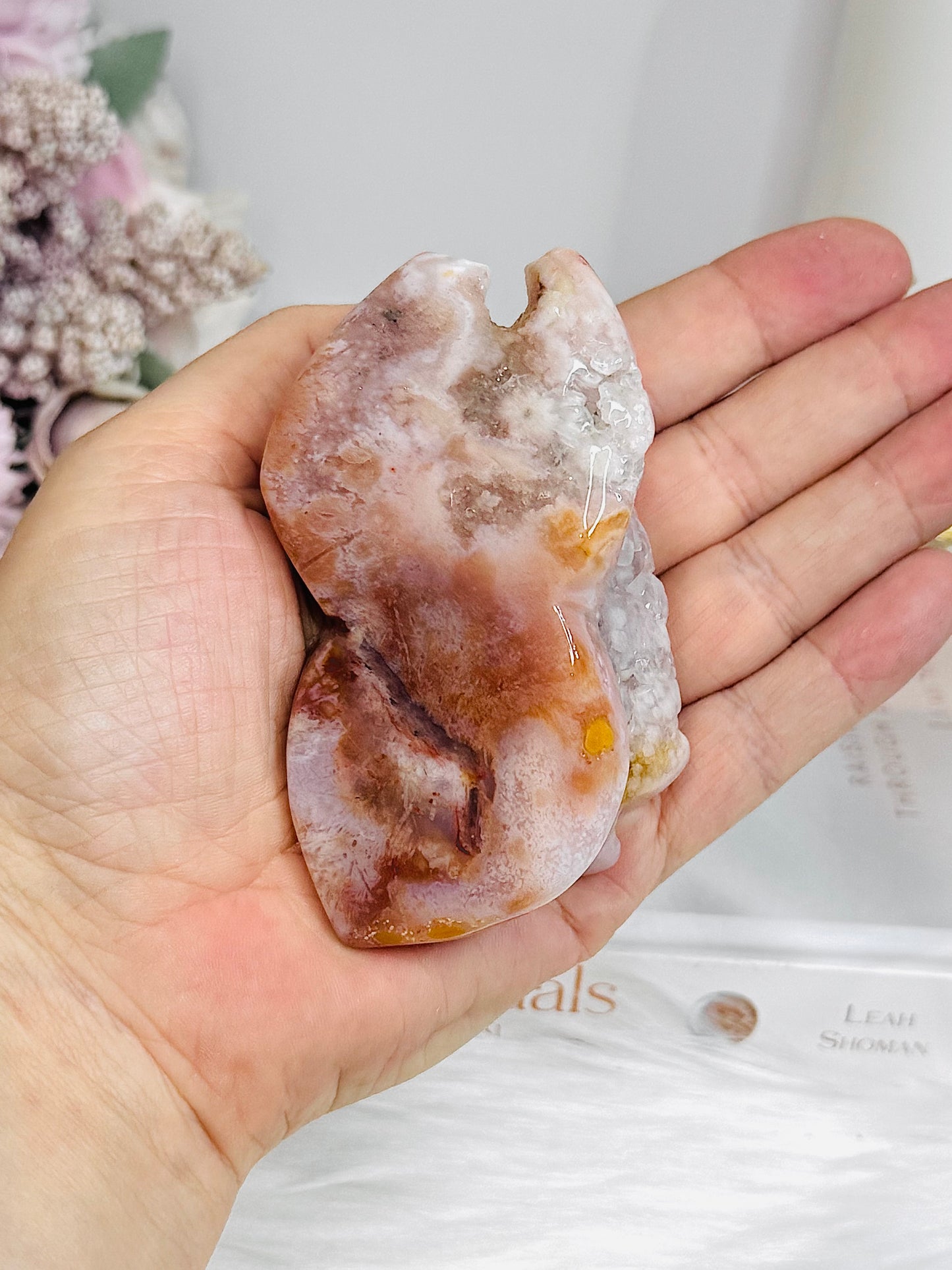 High Grade Flower Agate Carved Rose on Stand 8.5cm