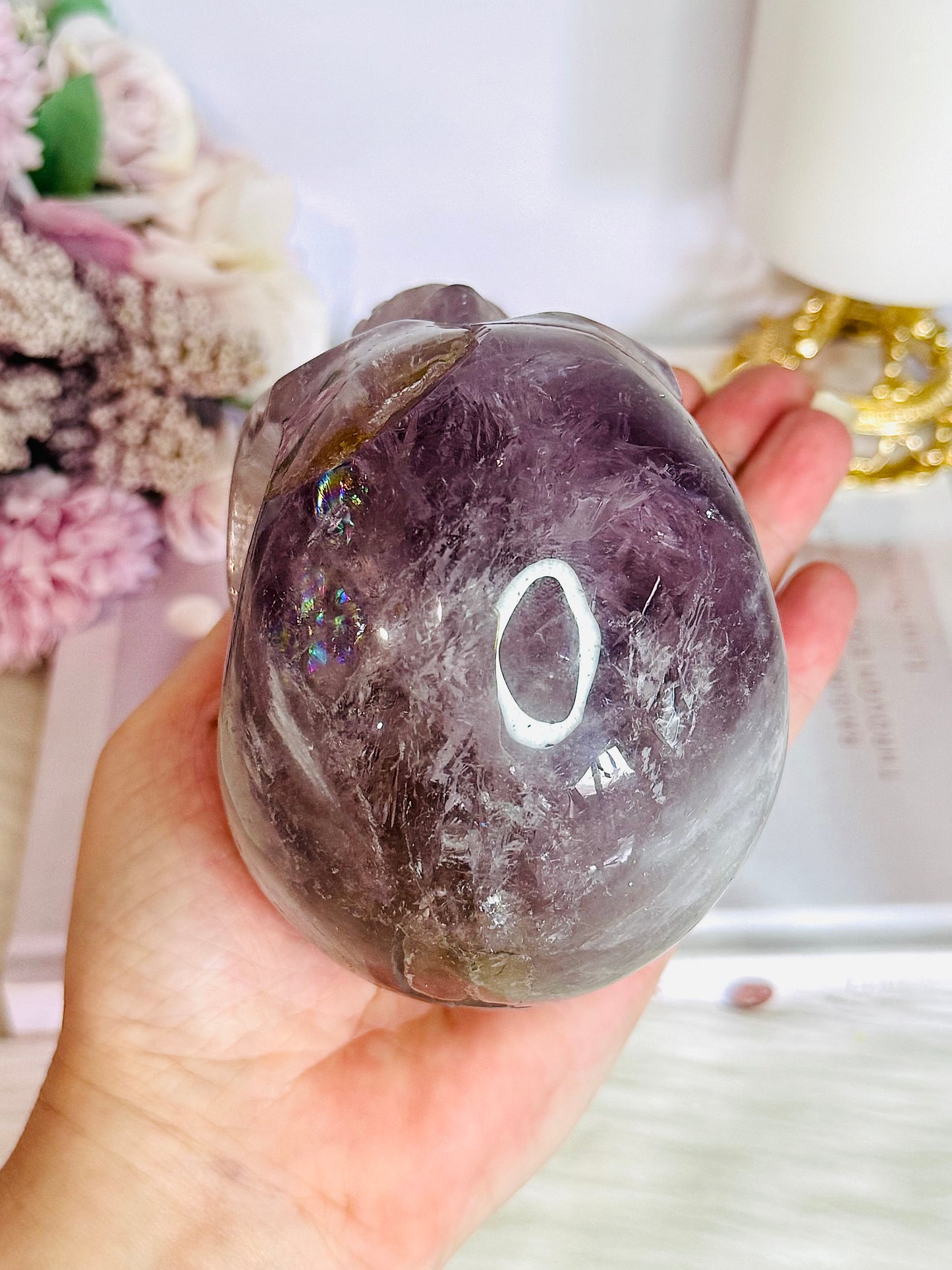 Huge 991gram High Grade Amethyst Carved Skull with Rainbows