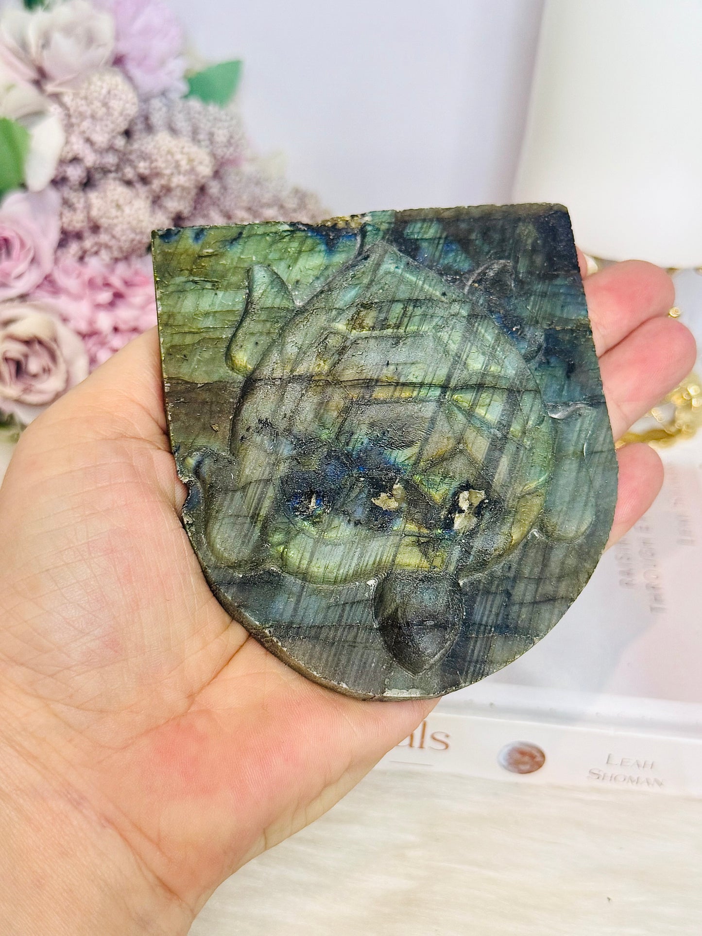 Labradorite Carved Turtle on Slab 9.5cm