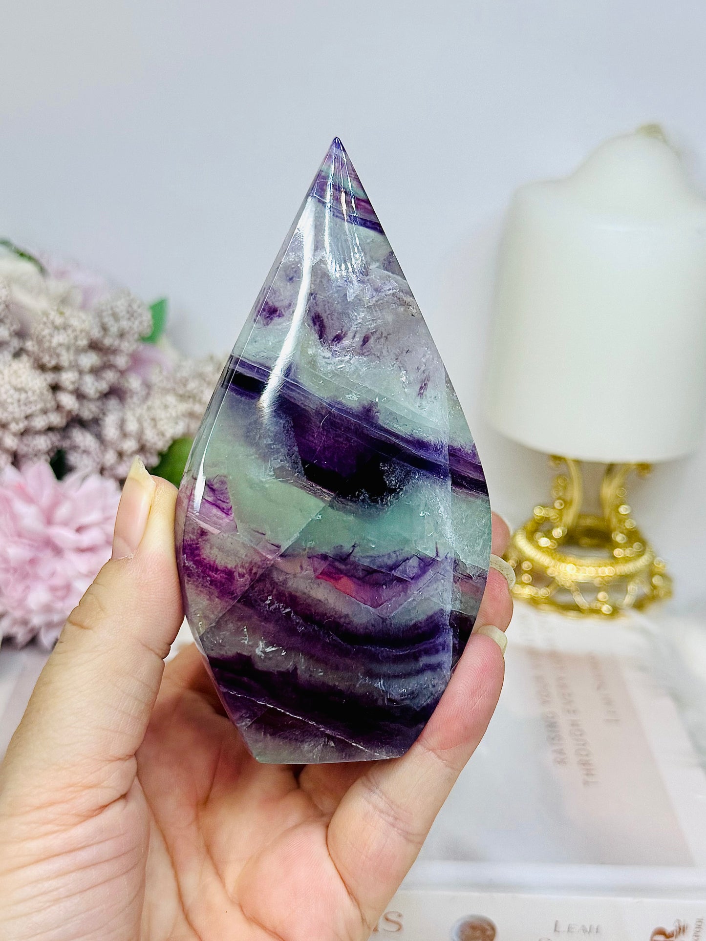 High Grade Large Fluorite Flame with Rainbows 11cm