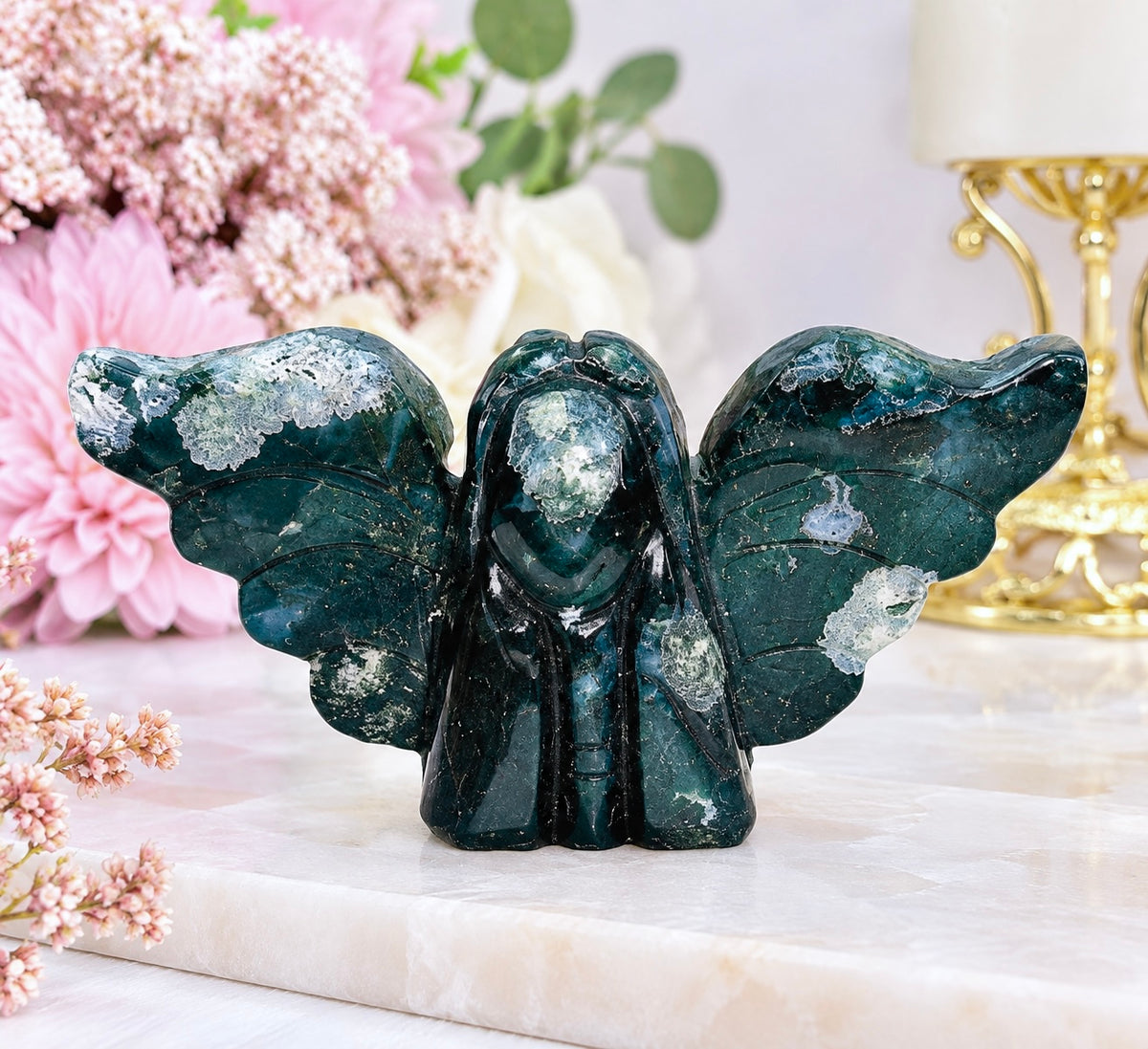 Moss Agate Druzy Carved Angel 12cm