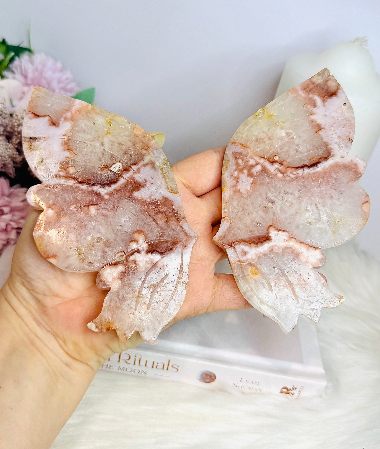 Flower Agate Carved Wings On Stand 20cm