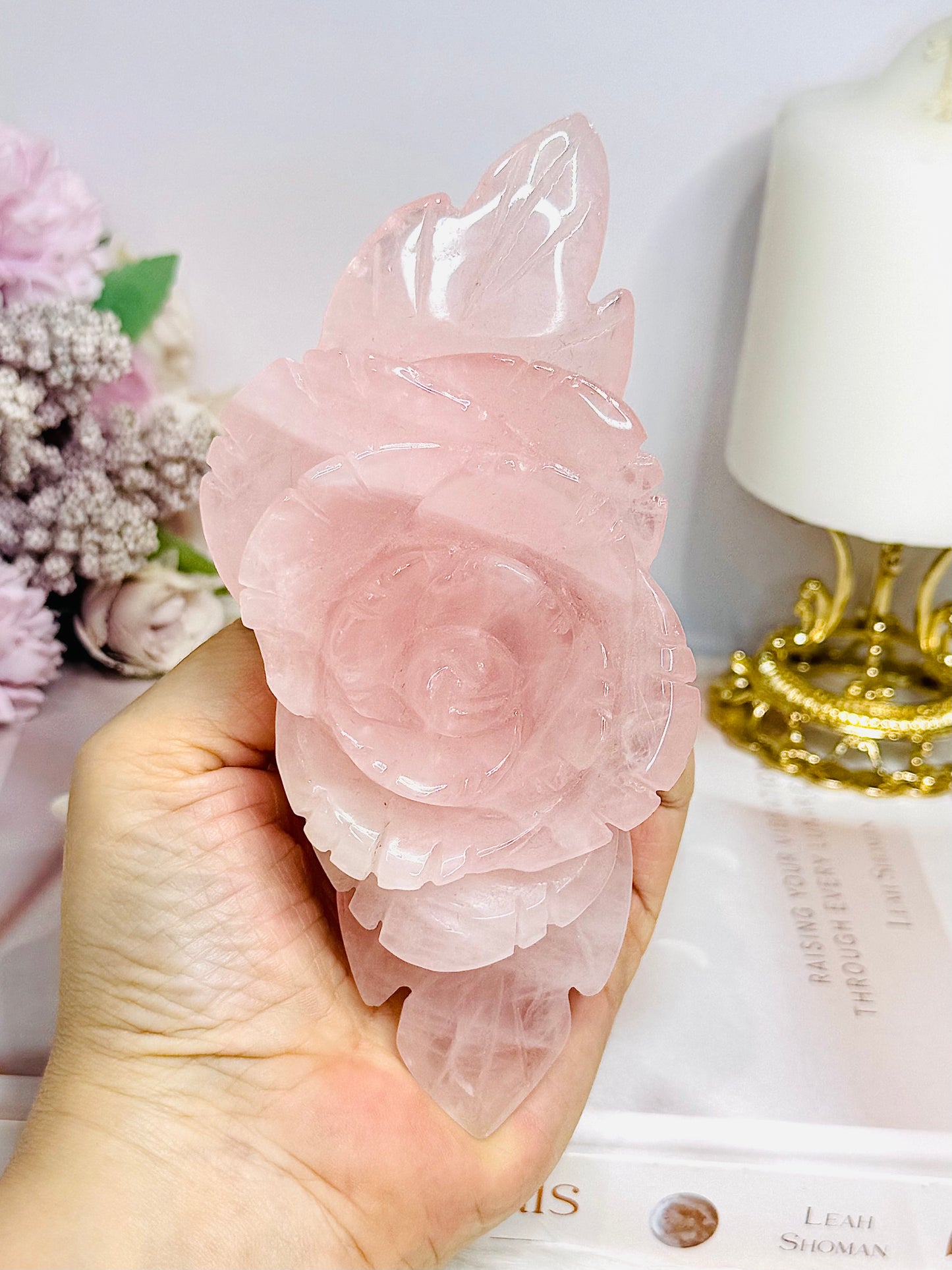 Large Rose Quartz Carved Rose on Stand 15cm