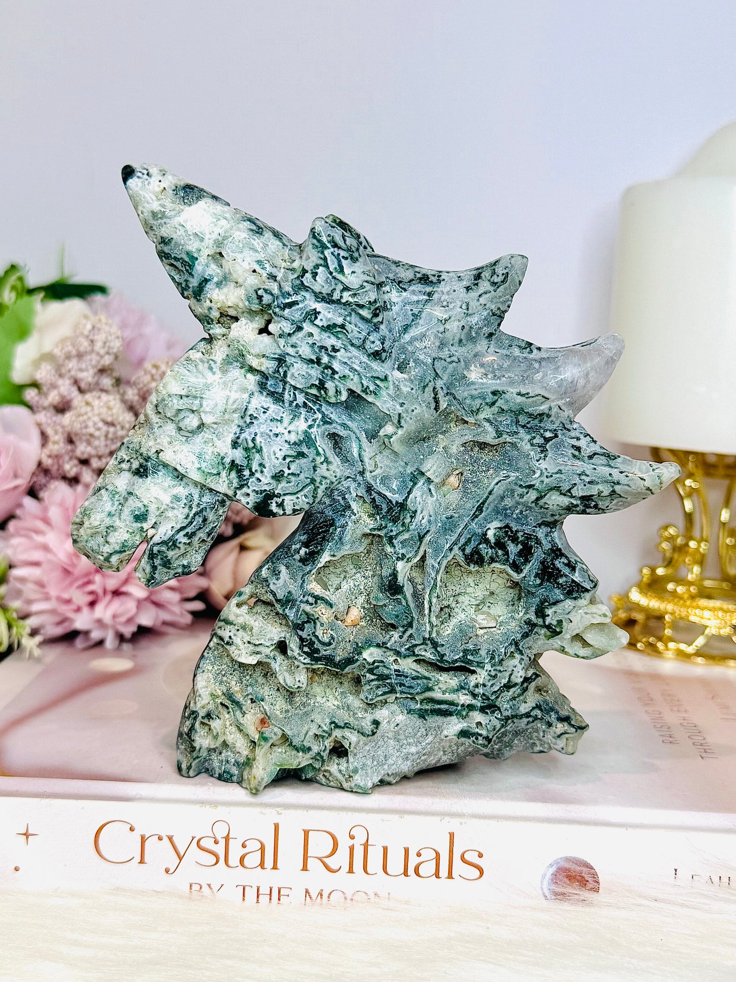 Moss Agate Druzy Unicorn Carving 13cm 420g