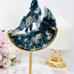 Incredible Tall 20cm Druzy Moss Agate Wolf on Moon Carving on Gold Stand