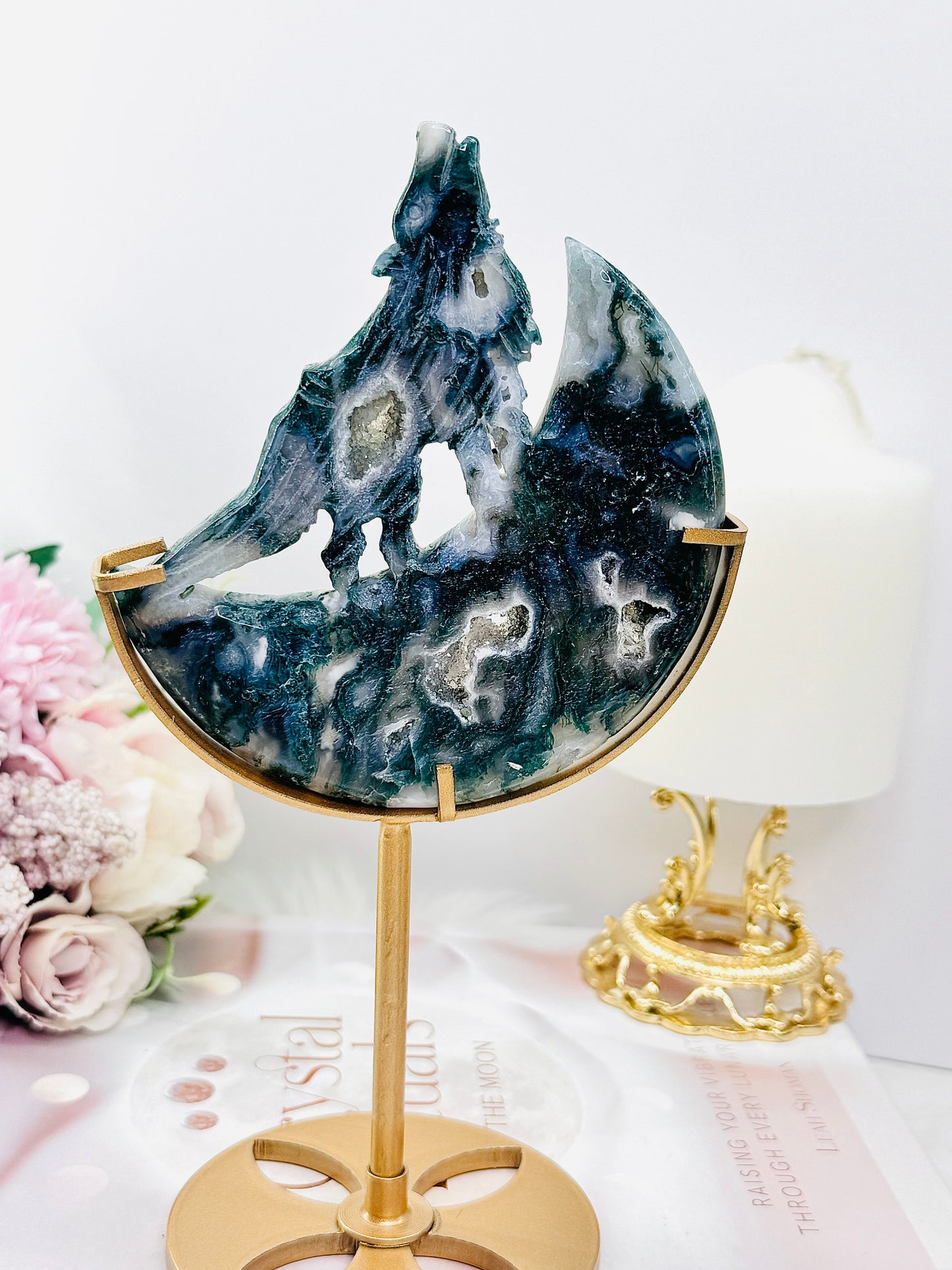 Incredible Tall 20cm Druzy Moss Agate Wolf on Moon Carving on Gold Stand