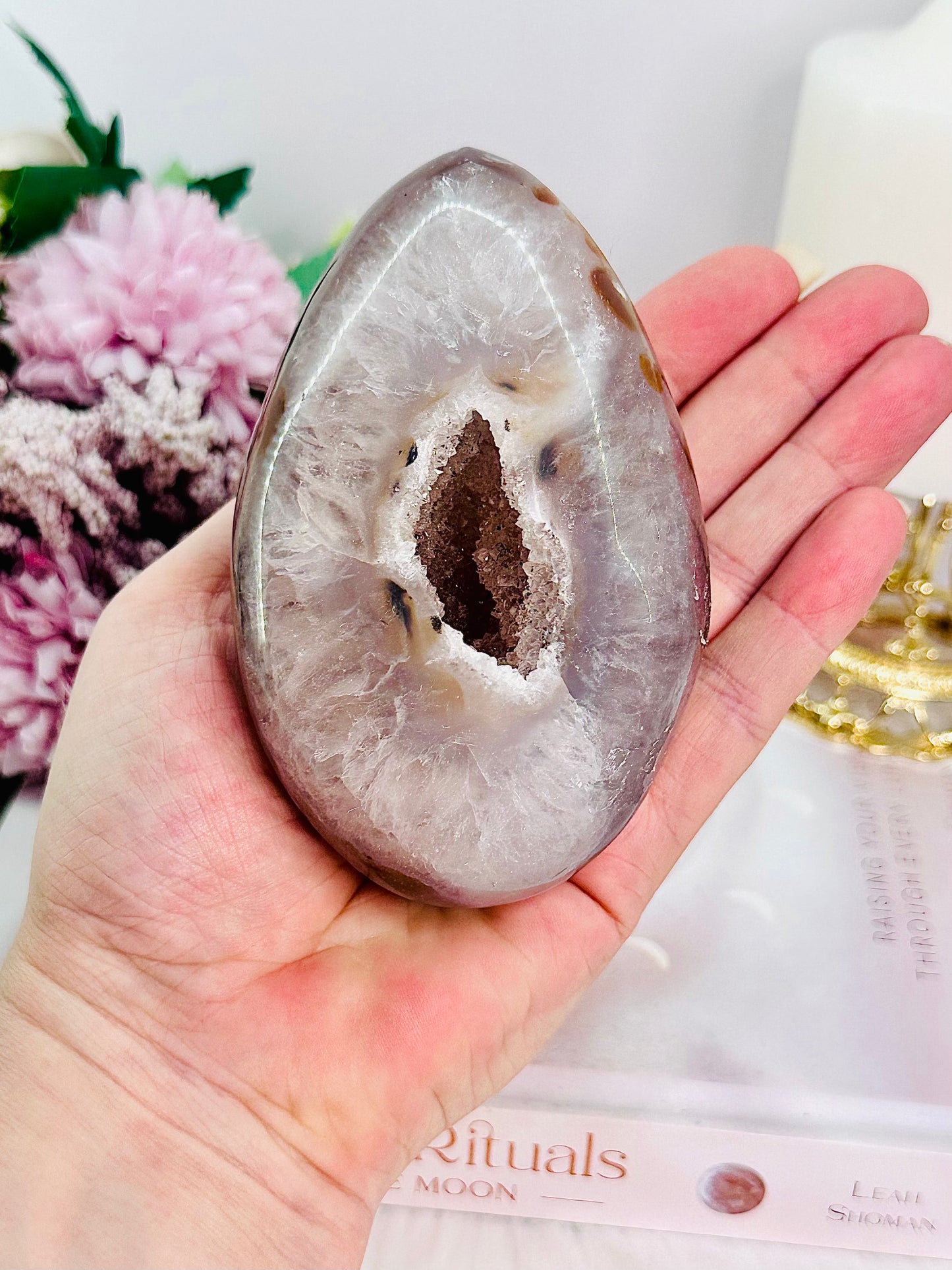 Large 503gram Druzy Agate Carved & Polished Egg On Stand From Brazil
