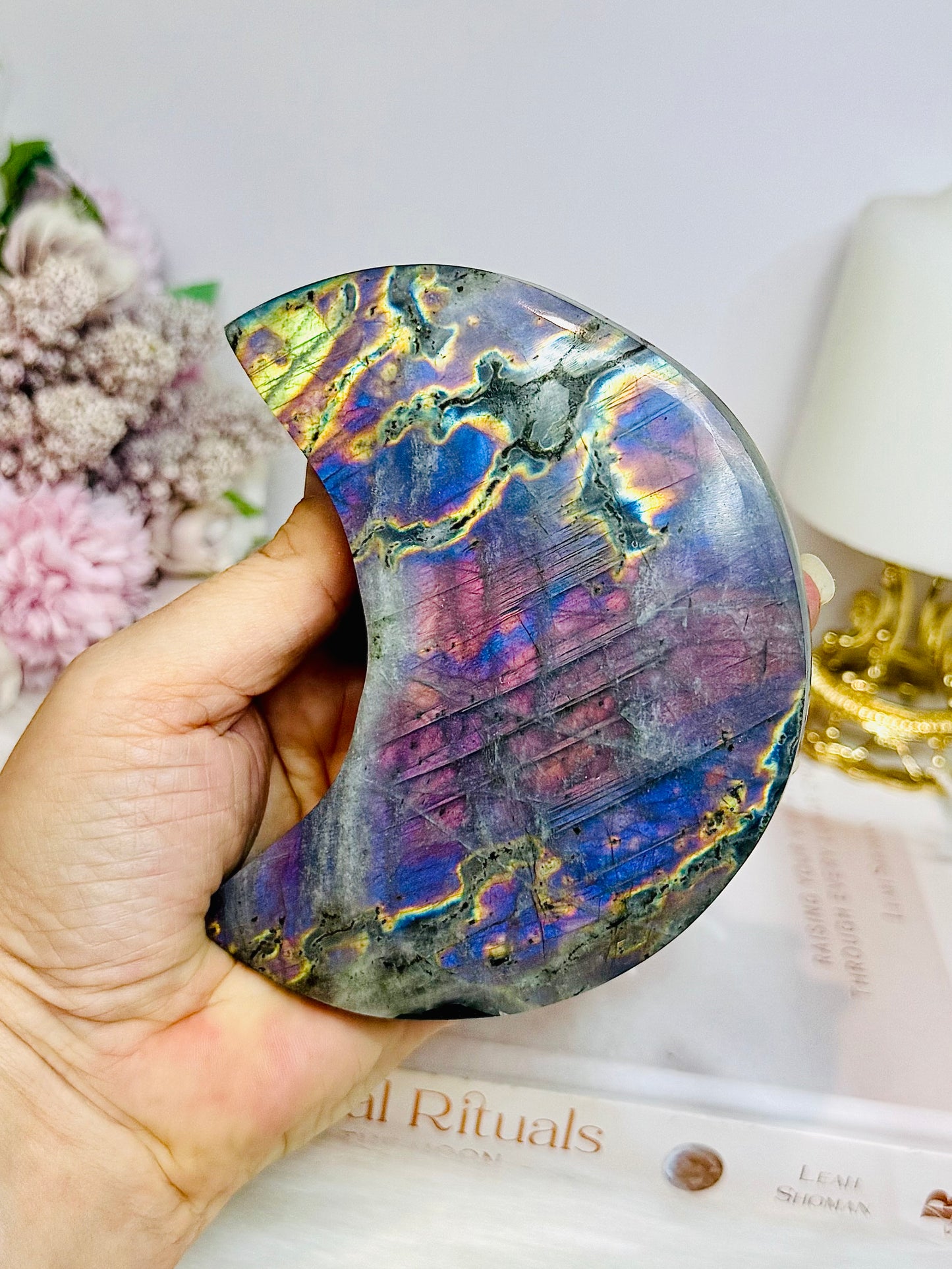 High Grade Large Labradorite Carved Moon Full of Flash 18.5cm