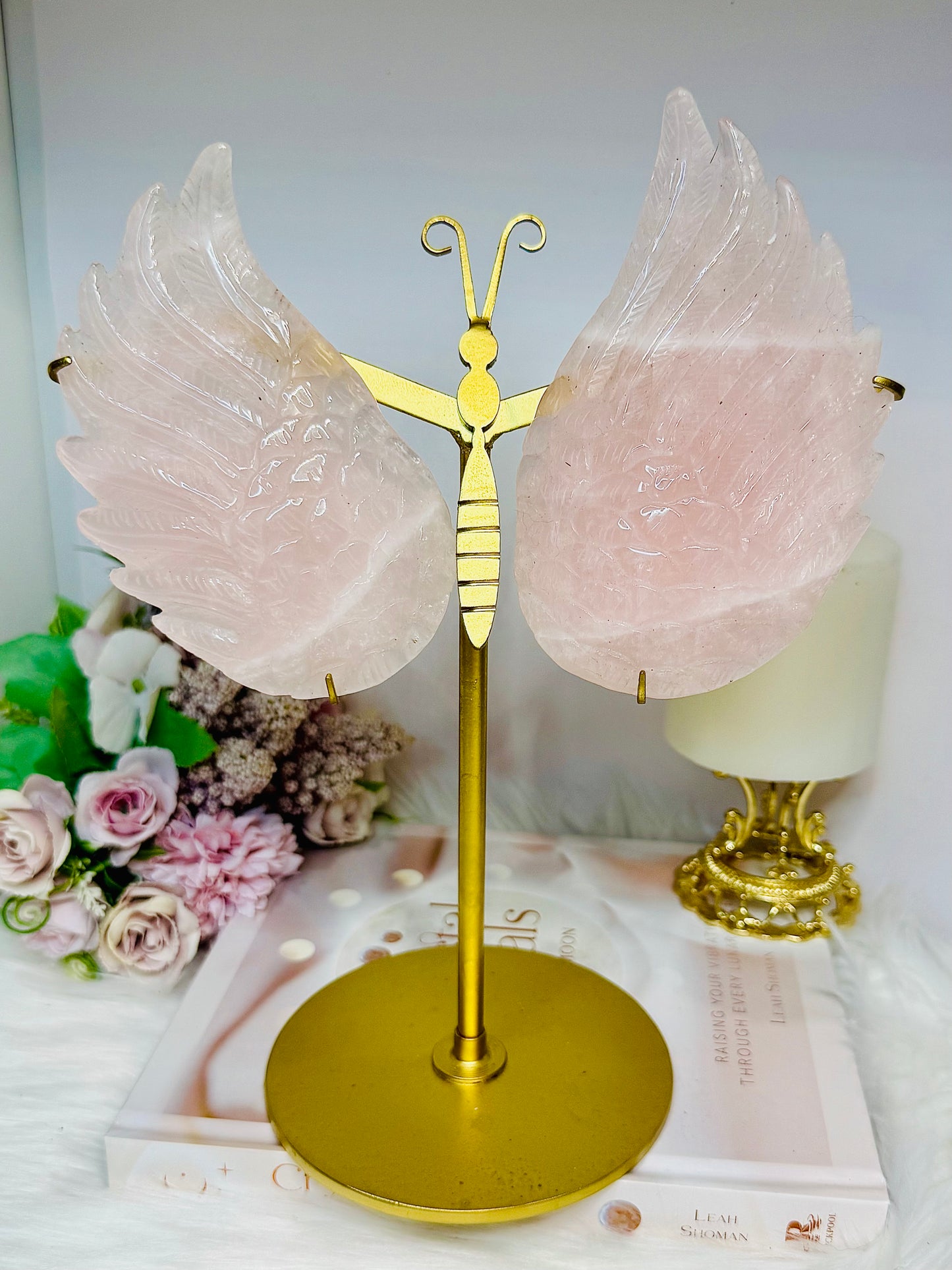 Large Chunky Rose Quartz Butterfly Wings on Gold Stand 26cm 944g