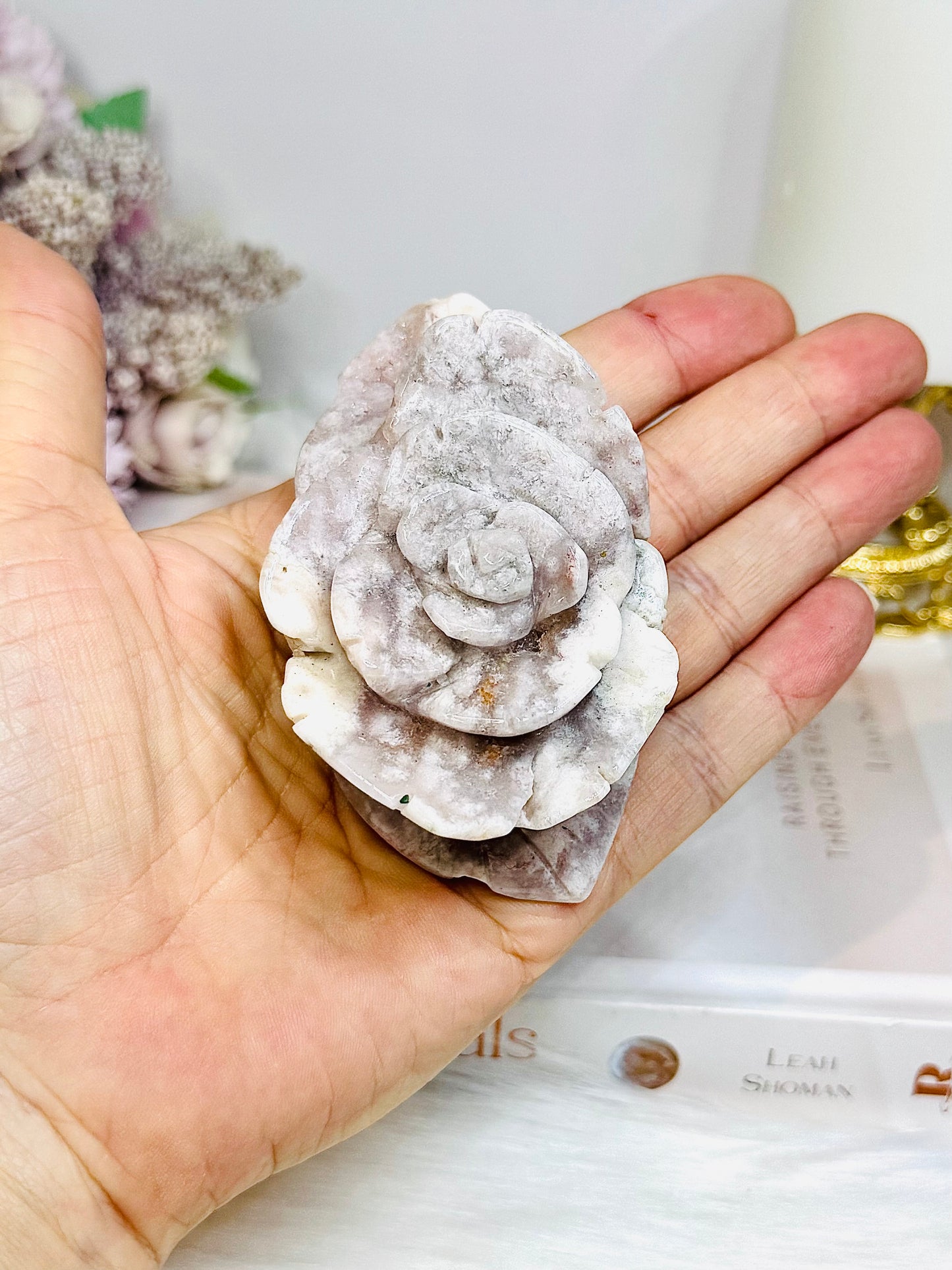 Flower Agate Carved Rose on Stand 8.5cm