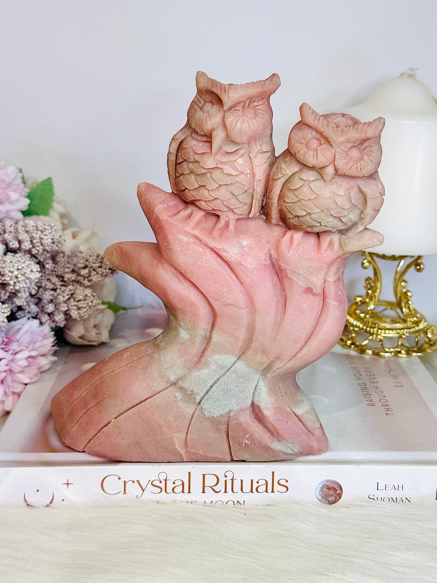 Incredibly Carved Huge Pink Opal Owls 16.5cm 1.15KG
