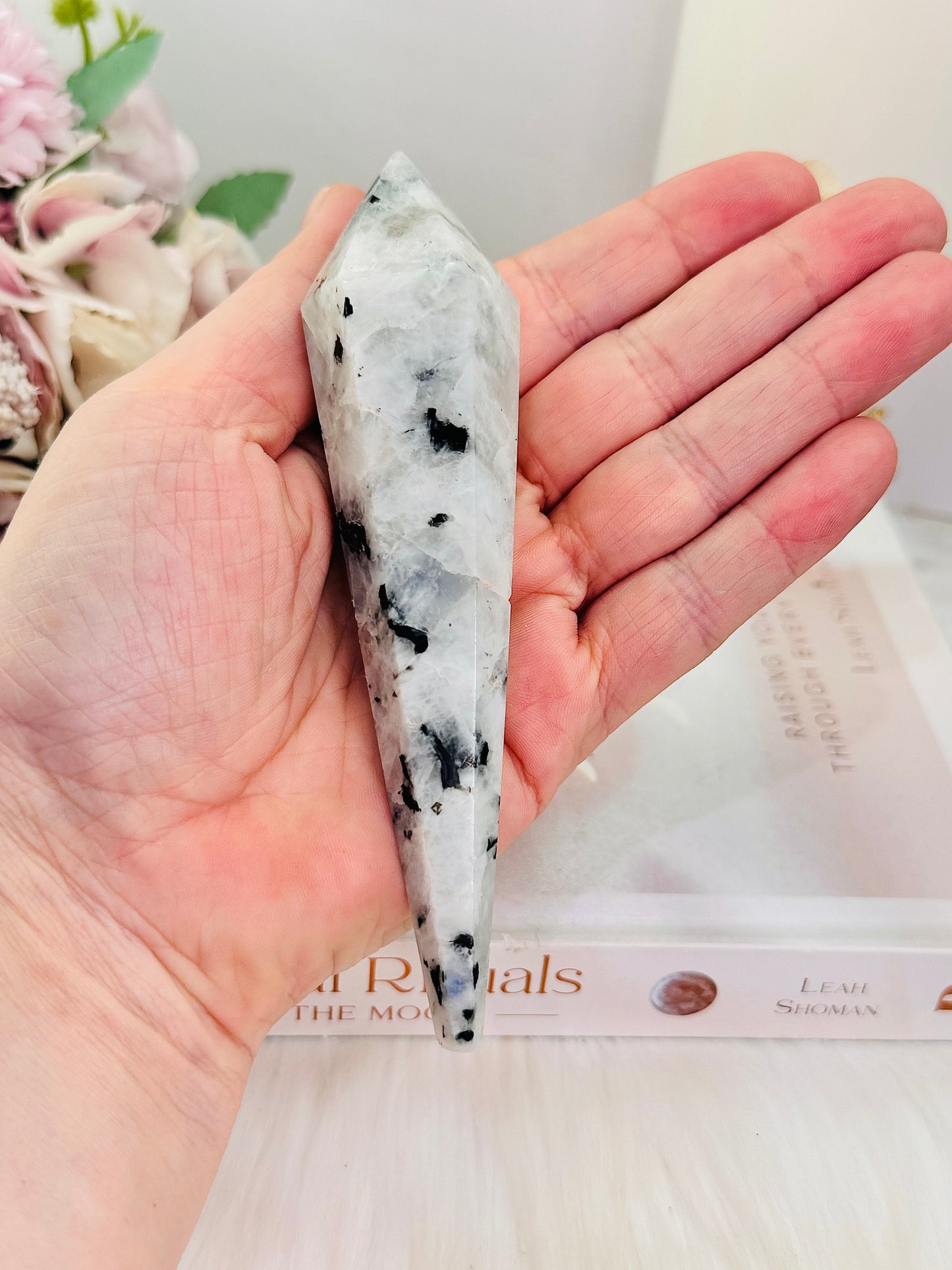 Beautiful Natural Moonstone Carved Wand | Tower 14cm On Stand