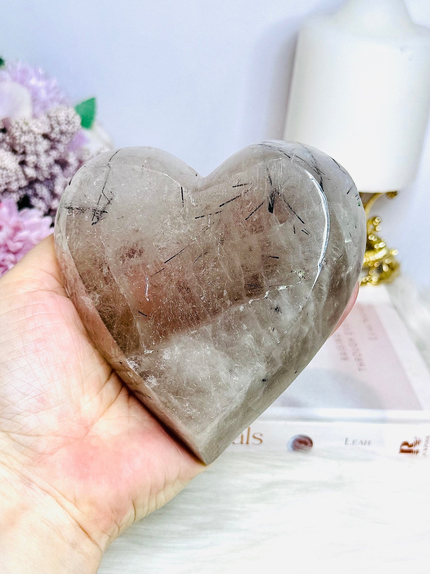 Large Chunky Black Tourmaline In Quartz Carved Heart Bowl 395g