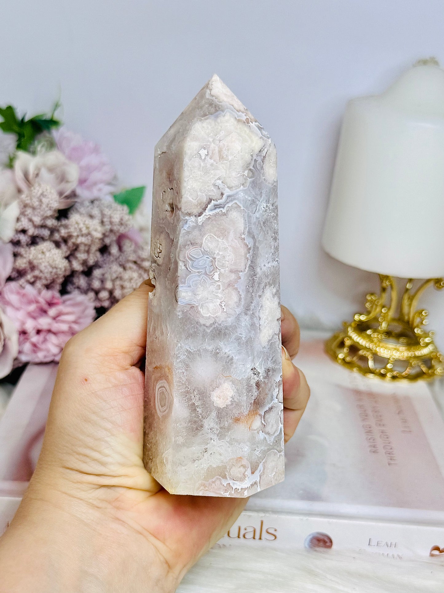 High Grade Flower Agate Druzy Tower 13cm