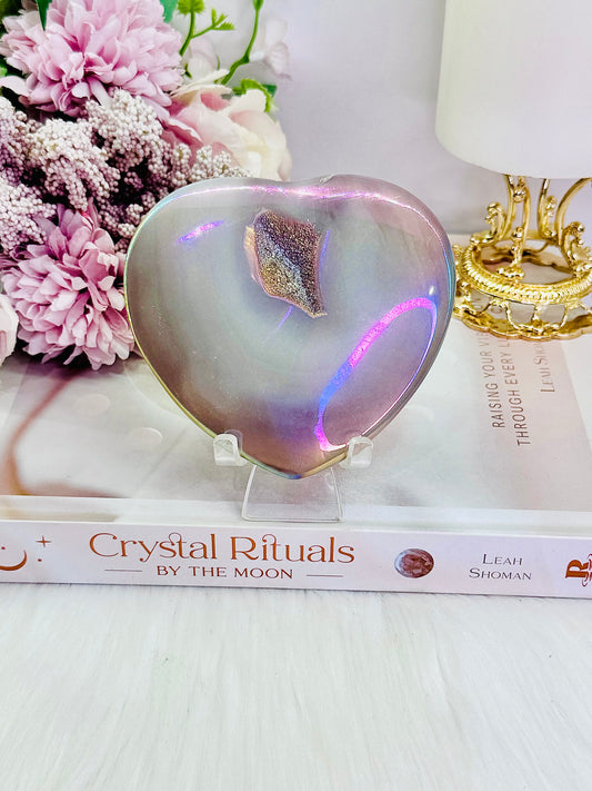 Stunning Gorgeous Large Aura Druzy Agate Carved Heart on Stand 10cm
