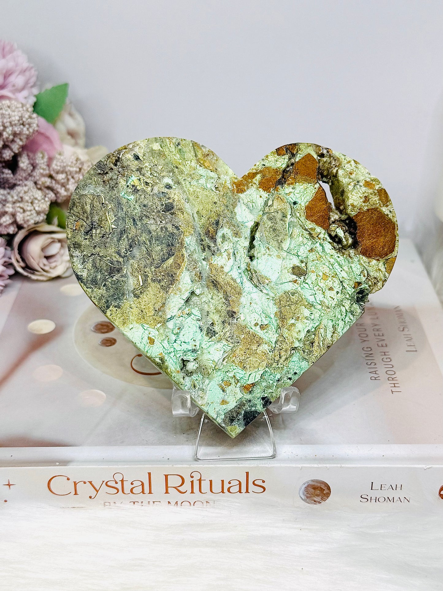 Large Variscite Carved Heart with Azurite Inclusions on Stand 11cm