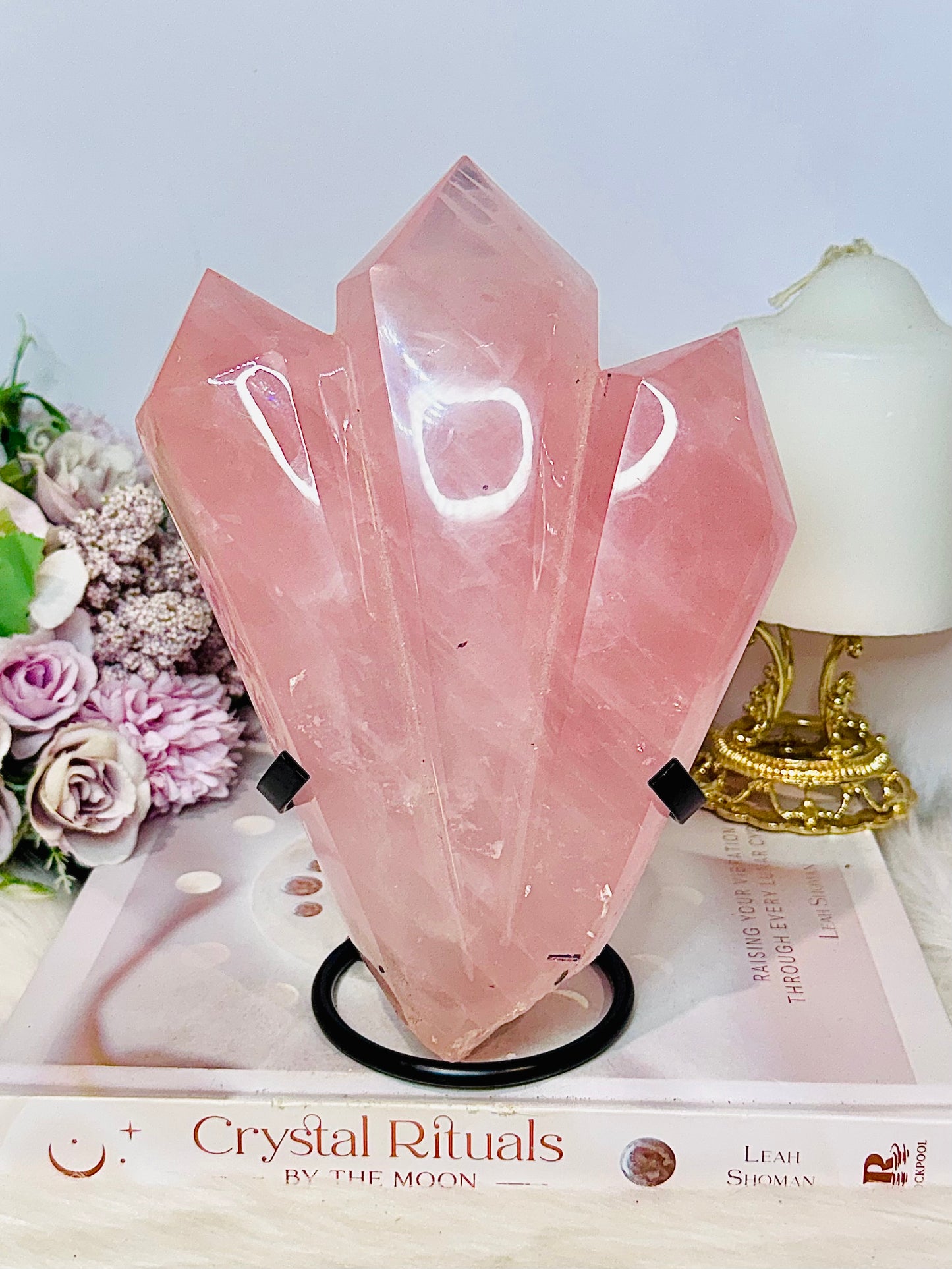 Huge High Grade Rose Quartz Carved Triple Tower on Stand 1.2KG 19cm
