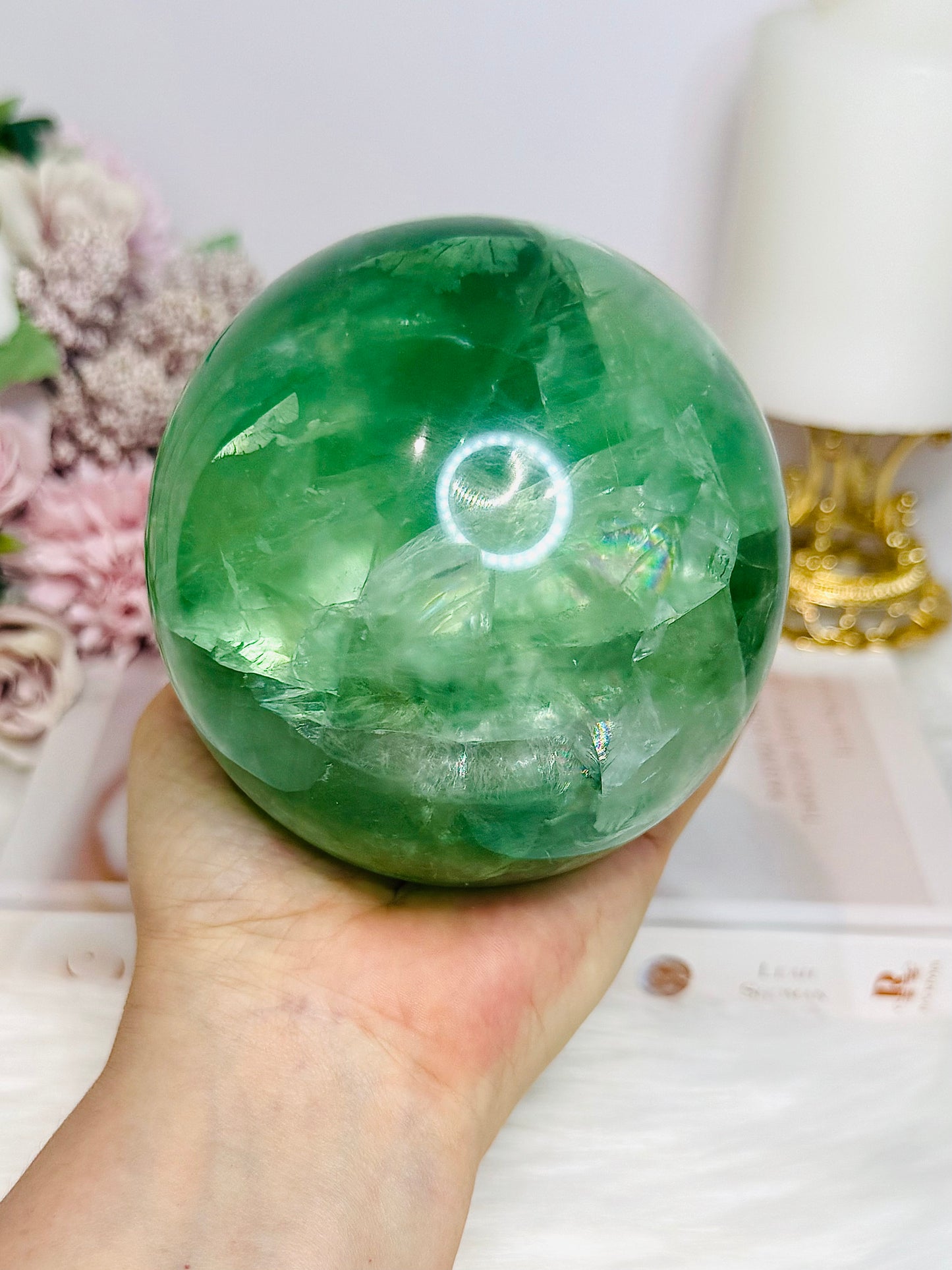 Huge Green Fluorite Sphere with Rainbows On Tall Glass Stand 1.4KG (stand can be changed)