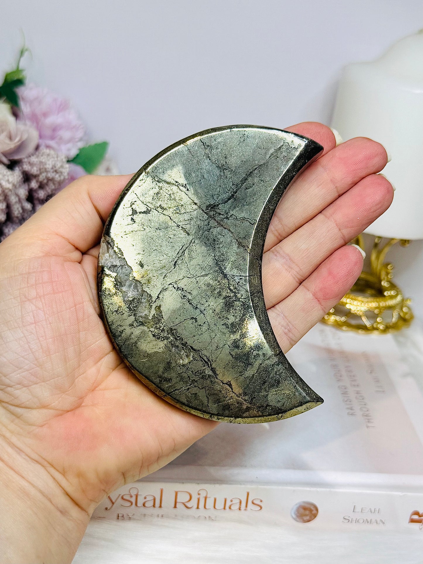 Large Pyrite Carved Moon on Stand 10cm