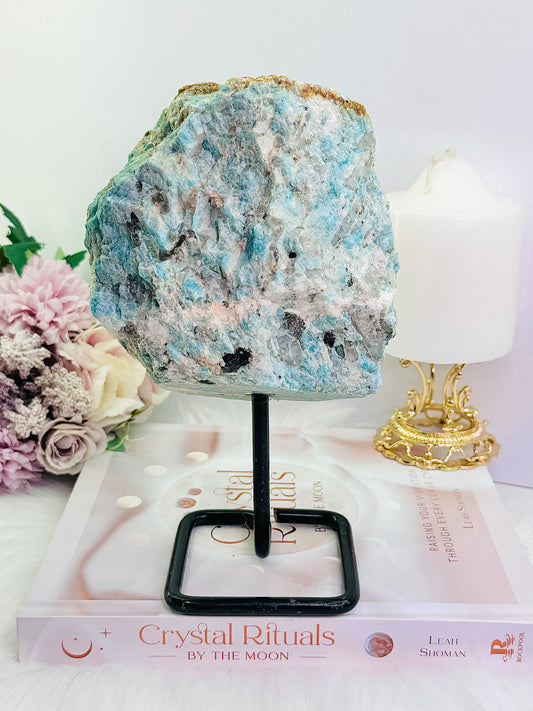 Huge Amazing Raw Rough Natural Amazonite With Smokey Quartz Inclusions 1.56KG 20cm On Stand From Brazil