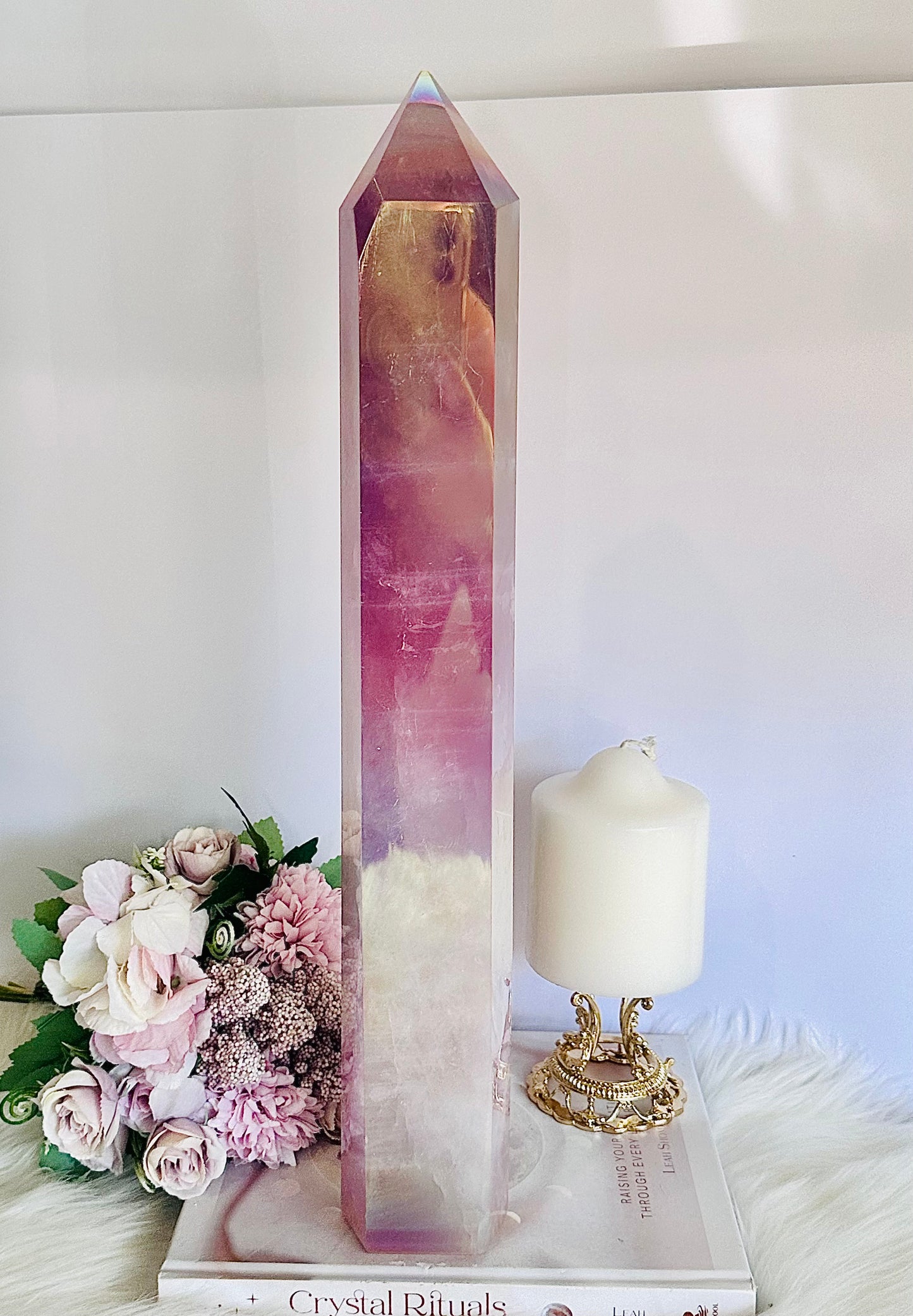 The ULTIMATE Huge Rose Quartz Angel Aura Stunning Chunky Tower 2.42KG 42cm Tall ~ Absolutely Spectacular Piece. Note - This tower is reduced as there is a chip on the tip